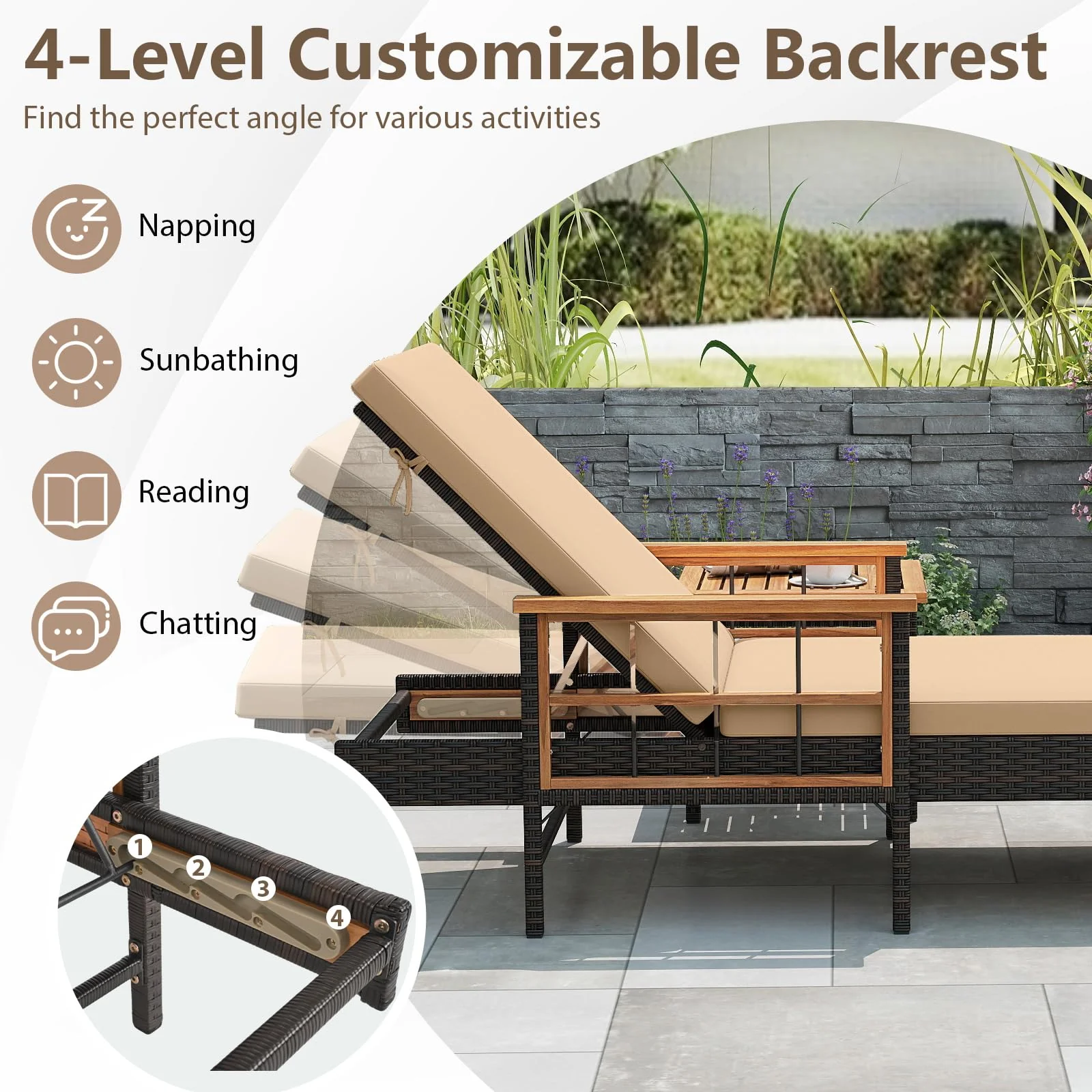 Tangkula 3 Pieces Patio Chaise Lounge Set 2 Rattan Lounge Chairs Side Table