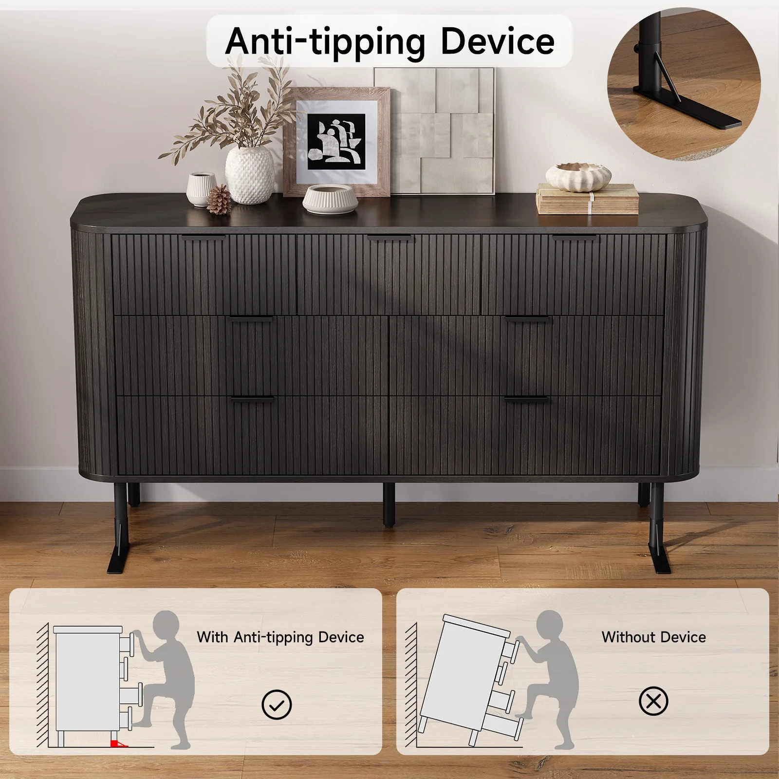 7-Drawer Fluted Dresser for Bedroom, 60 Inch Wide Modern Wood Chest with Metal Handles, Curved Profile Design Also Ideal as TV Stand for Living Room, Hallway, Black(Black) - Image 7