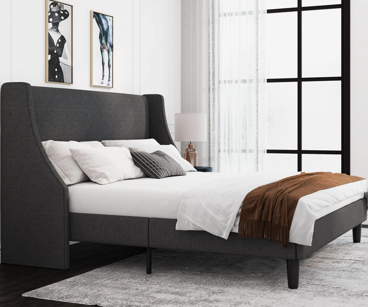 King Size Fabric Upholstered Platform Bed Frame with Wingback Headboard, Dark Grey(Full/Burnt Orange) - Image 3
