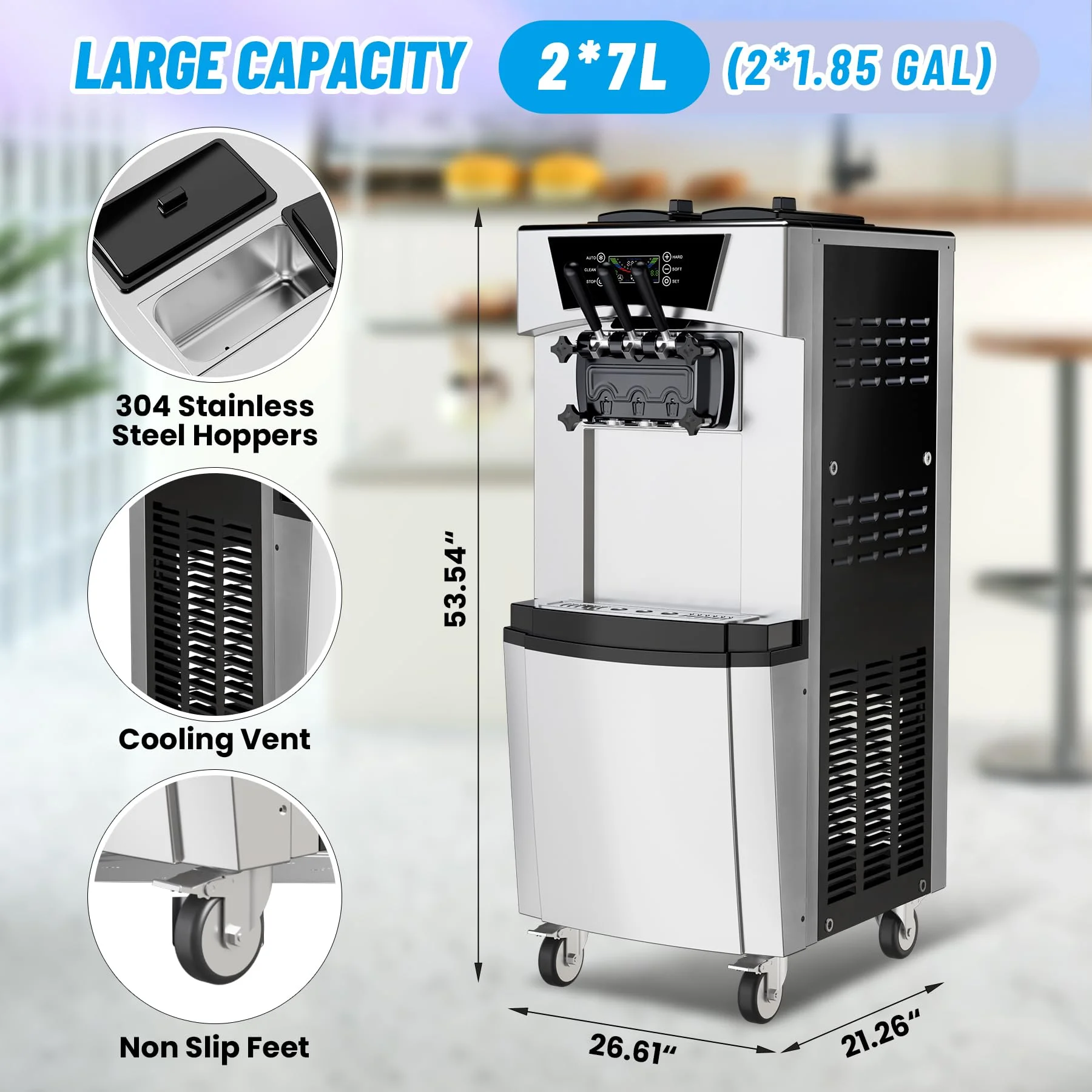 Commercial 3 Flavors Ice Cream Machine, 5.8 to 8Gal per Hour Soft Serve Ice Cream Maker,with Auto Clean, LCD Display for home Snack Bar Restaurants(Sliver) - Image 5