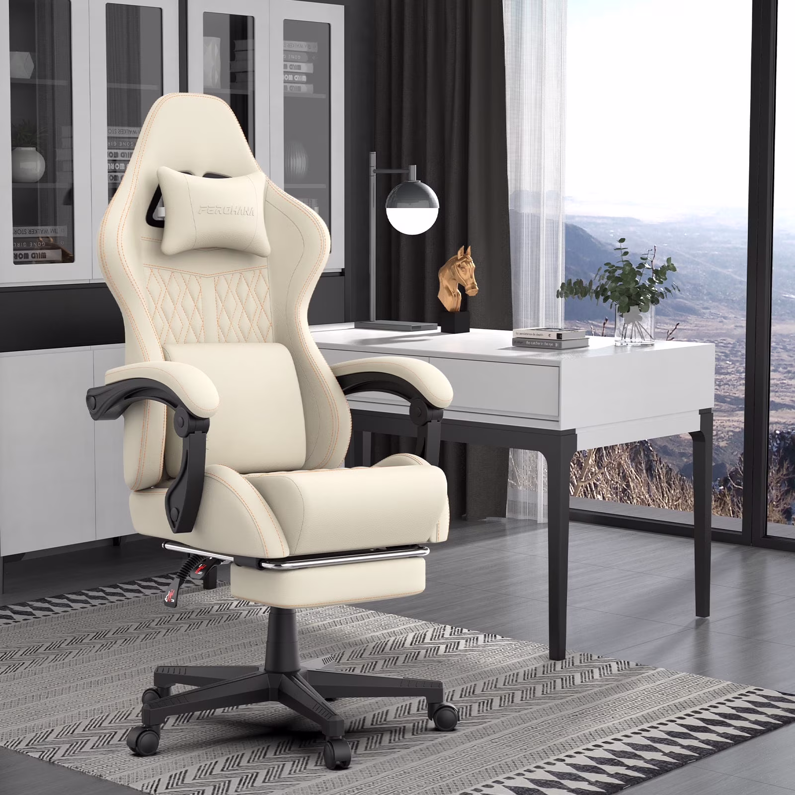 Gaming Chair with Footrest Computer Ergonomic Office Chair with Massage Lumbar Support Headrest, High Back Vintage Game Chair for Adults and Kids, Black(Black) - Image 5
