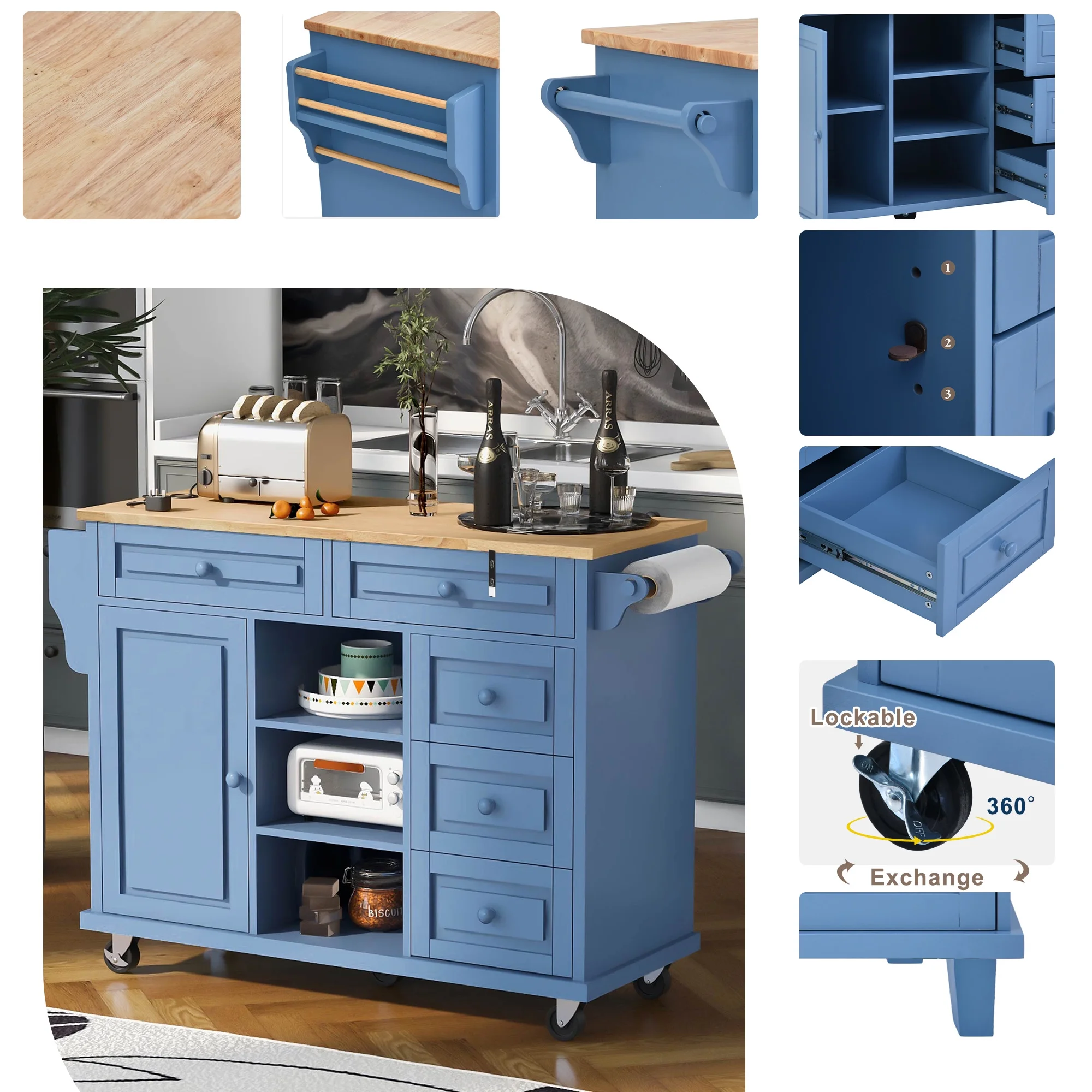 Kitchen Cart with Rubber Wood Desktop Rolling Mobile Kitchen Island with Storage and 5 Draws 53 in Length (Blue)