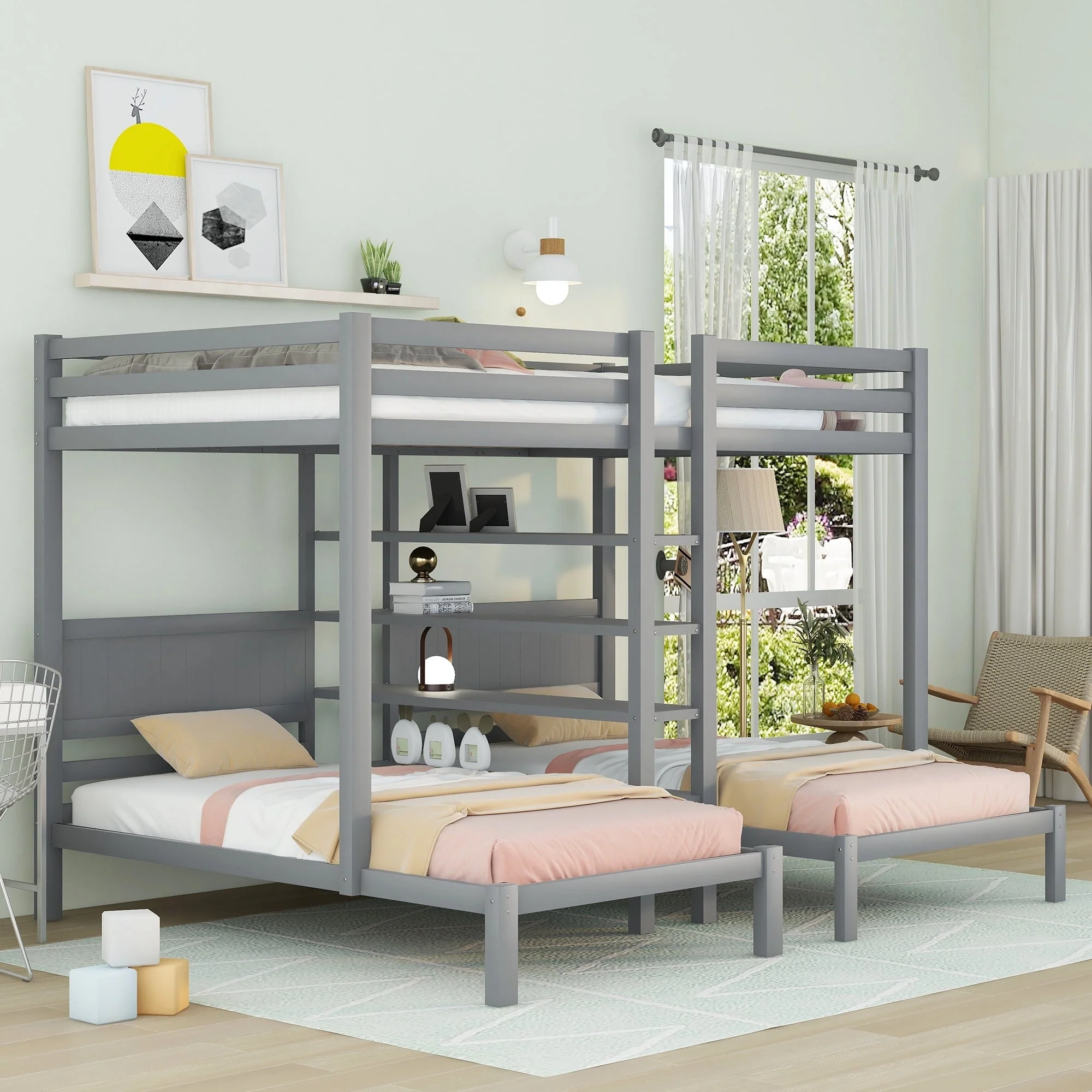 EUROCO Full XL over Twin Twin Bunk Bed with Shelf for Kids, Gray Image 2