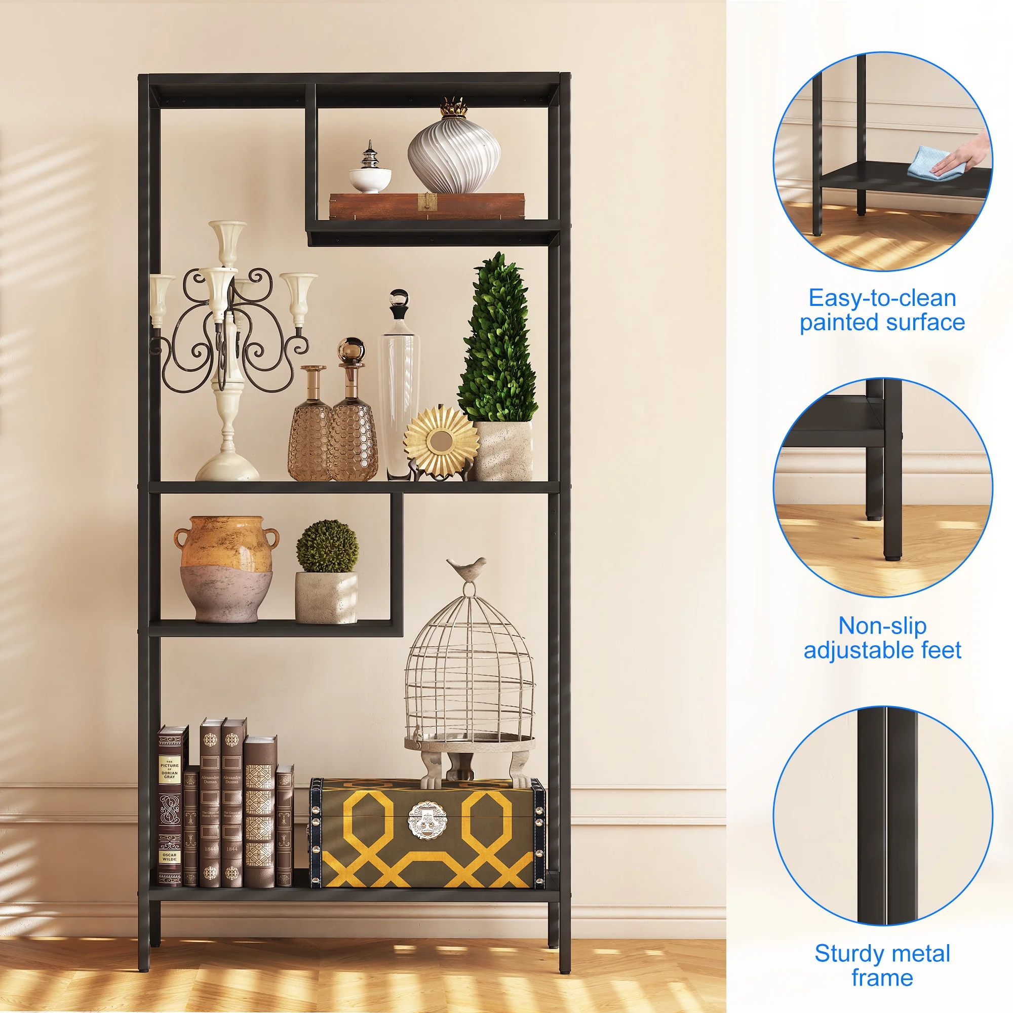 Modern Storage Shelf with 4 Compartments Metal Legs, Freestanding Organizer,Book Shelves Display Shelves for Living Room, Bedroom, Home Office - Image 5