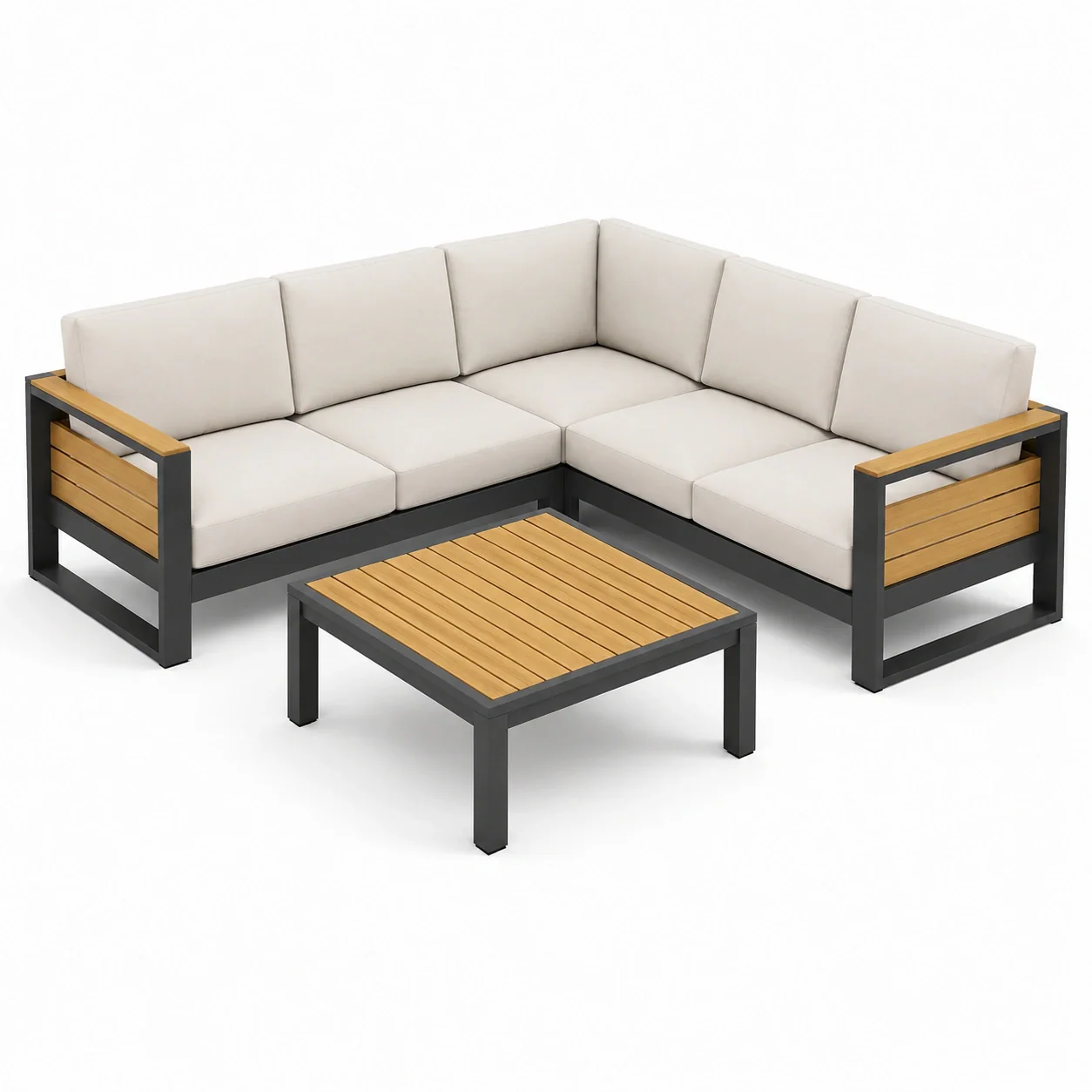Salon de jardin modulaire en aluminium et bois de teck avec coussins beiges - 2026