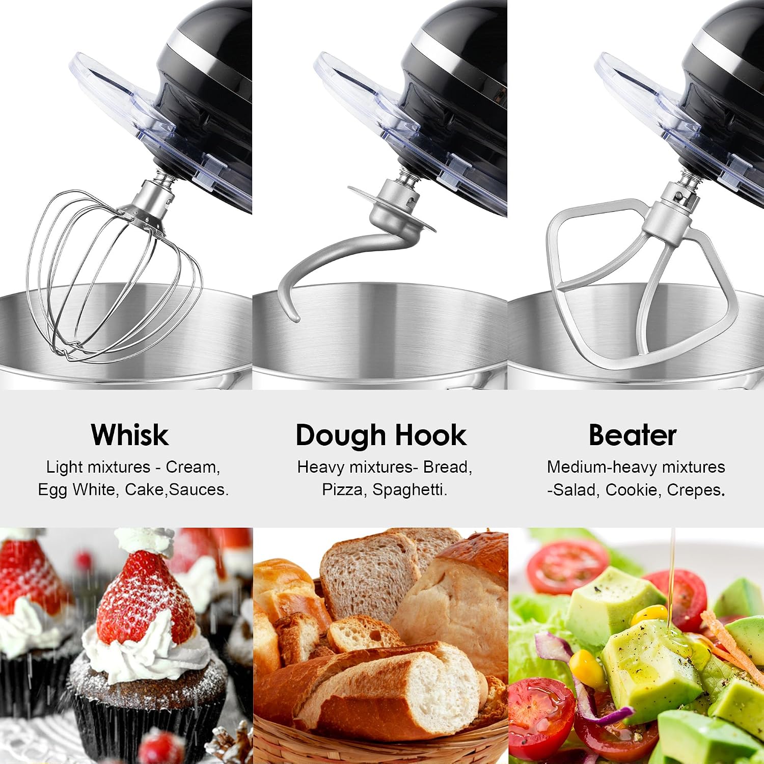 Aucma Stand Mixer, 6.5-QT 660W 6-Speed Tilt-Head Food Mixer, Kitchen Electric Mixer with Dough Hook, Wire Whip & Beater (Black, 6.5QT)