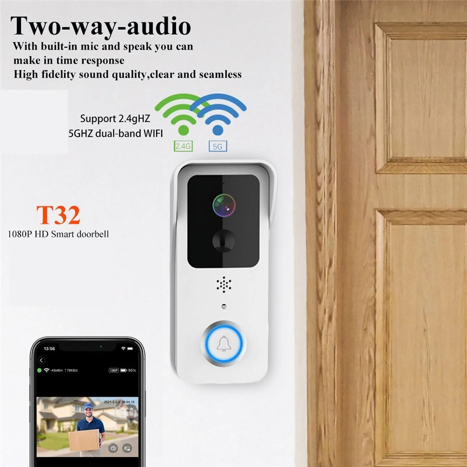 1080P Video Doorbell 5G Dual Outdoor Door Bell Waterproof IP54 Battery Intercom Smart Home Wireless Door Phone Camera ,Smart Detection(Black) - Image 5