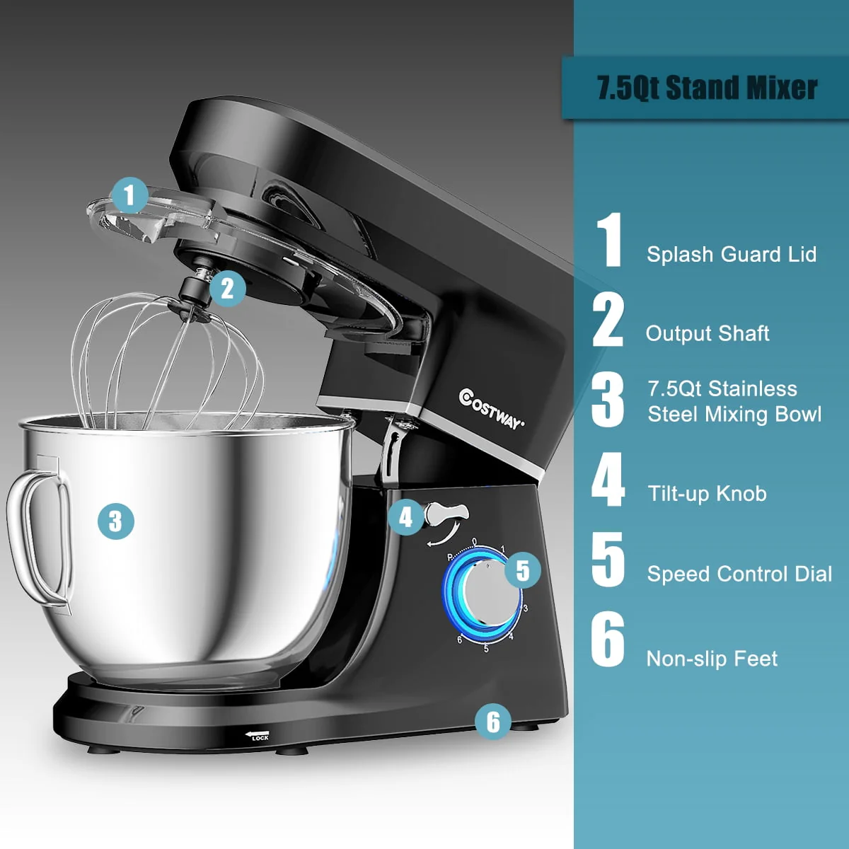 Costway Tilt - Head Stand Mixer 7.5 Qt 6 Speed 660W with Dough Hook, Whisk & Beater Black