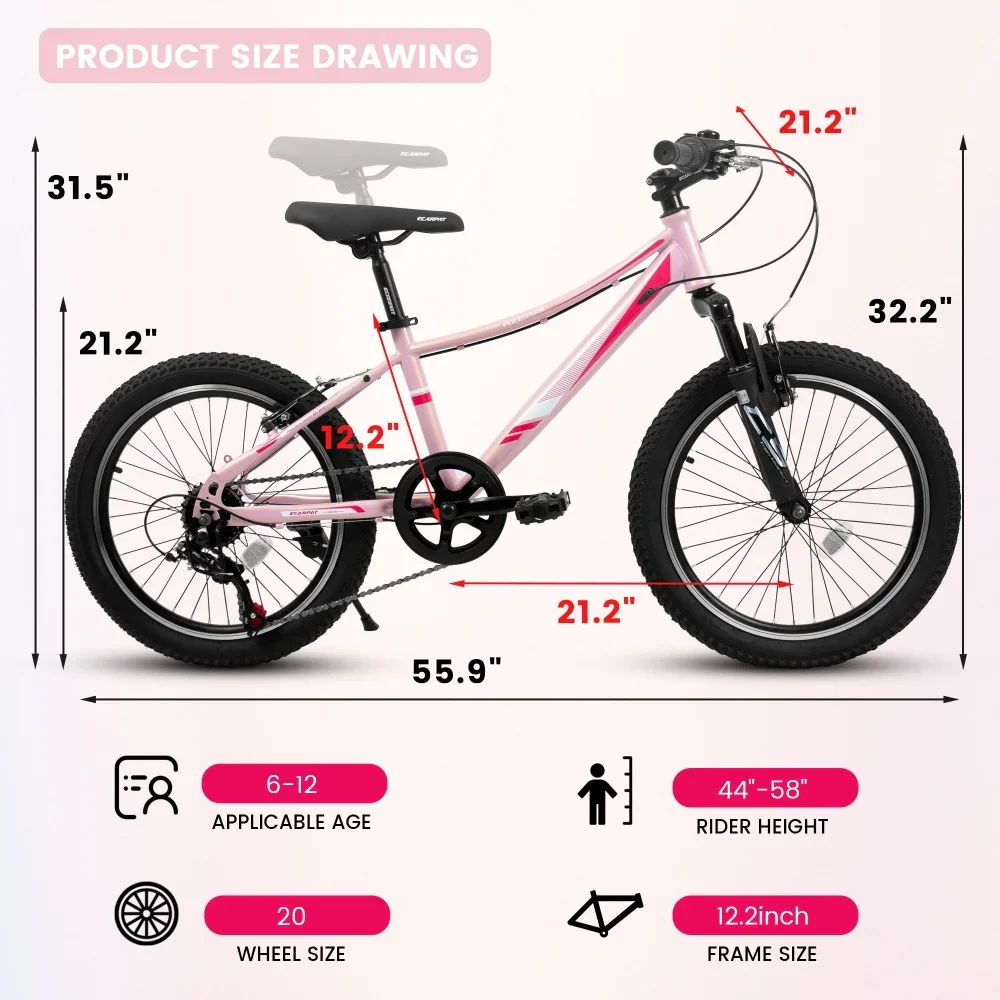 20 inch Kids Mountain Bike for Girls Boys 7-12 Years Youth Bicycle MTB, 7-Speed with Suspension Fork, V-Brakes - Pink/Blue