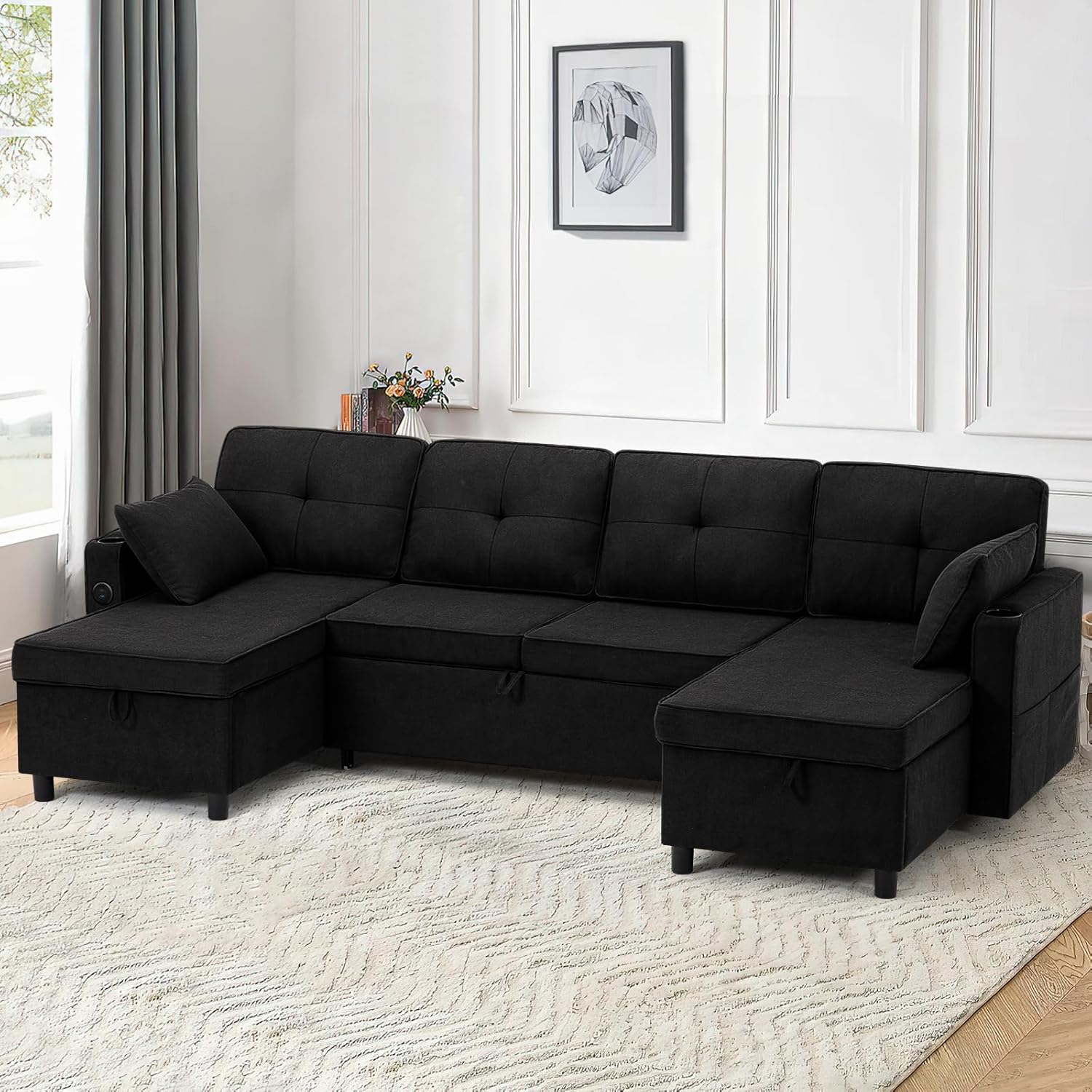 ACMEASE110“ U-Shaped Pull Out Sofa Bed w/Storage Chaise & Adjustable Back, Chenille Sectional Sofa w/USB Port,Tufted Sleeper Couch w/Cup Holders for Living Room, Black