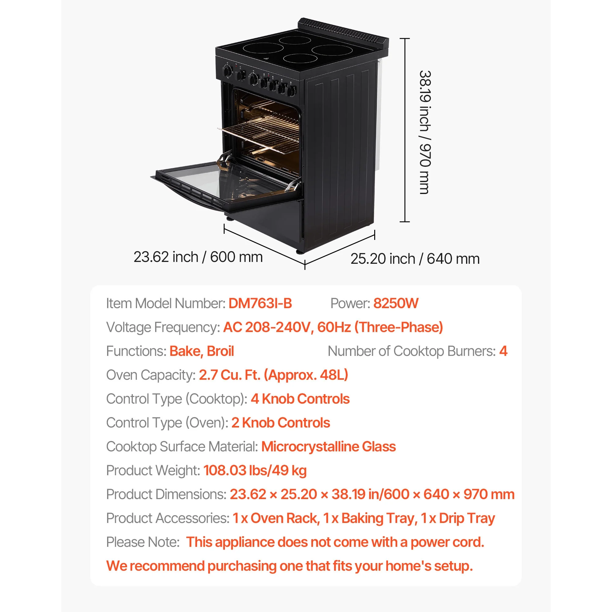 24-inch Electric Range Oven, 2.7 Cu. Ft. Compact Freestanding Design, Stainless Steel Finish, Features 4 Burners, Adjustable Racks, Storage Drawer, Drip Pan, and Indicator Light, Black - Image 7