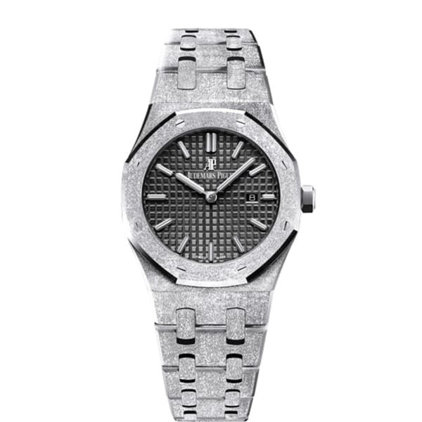 [Super Clone]Audemars Piguet Royal Oak Frosted Gold Quartz Black dial, 33mm, 18k White gold, 67653BC.GG.1263BC.02