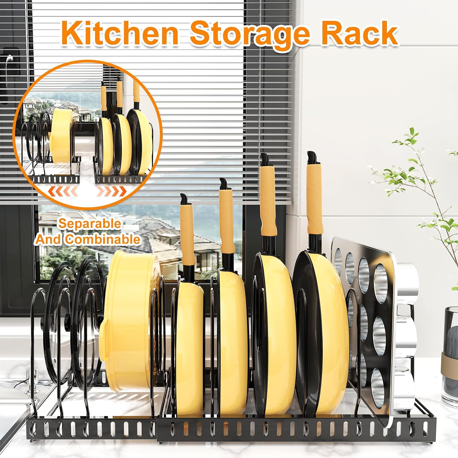 Pot and Pan Organizer Rack for Cabinet & Countertop, 3-Tier Expandable Holder with 12 Adjustable Compartments, Kitchen Storage for Pan Lid, Cutting Board, Cookware & Bakeware, Black