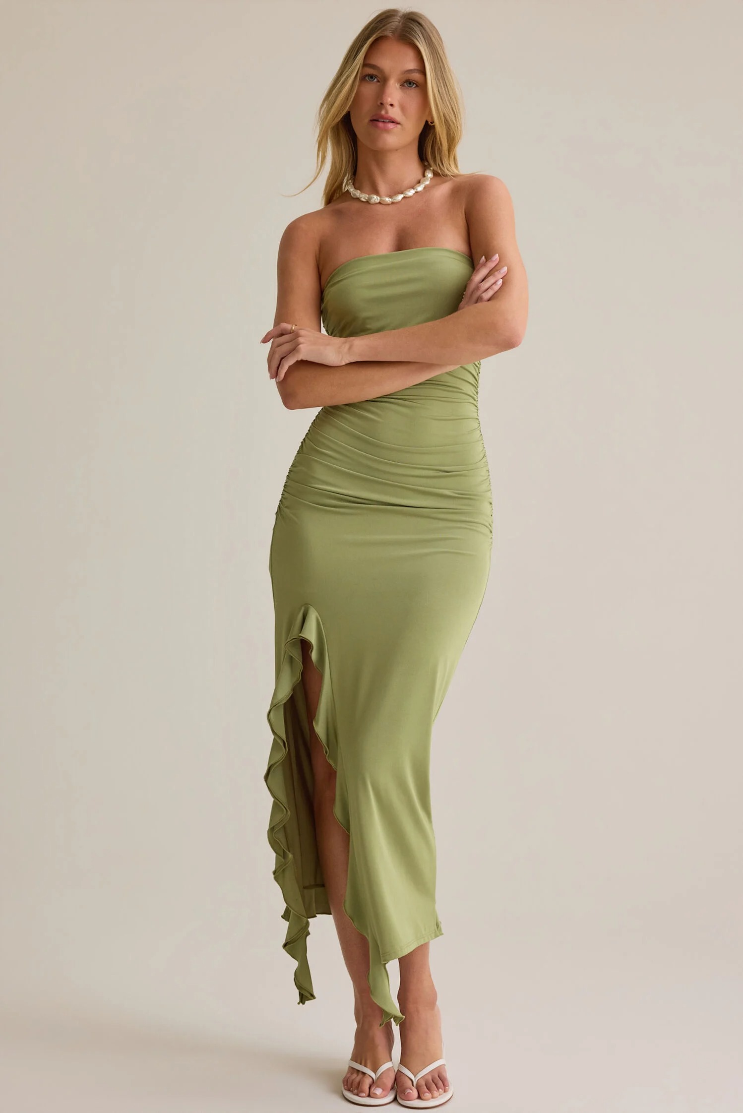 Kailen Strapless Ruffle Dress - GREEN