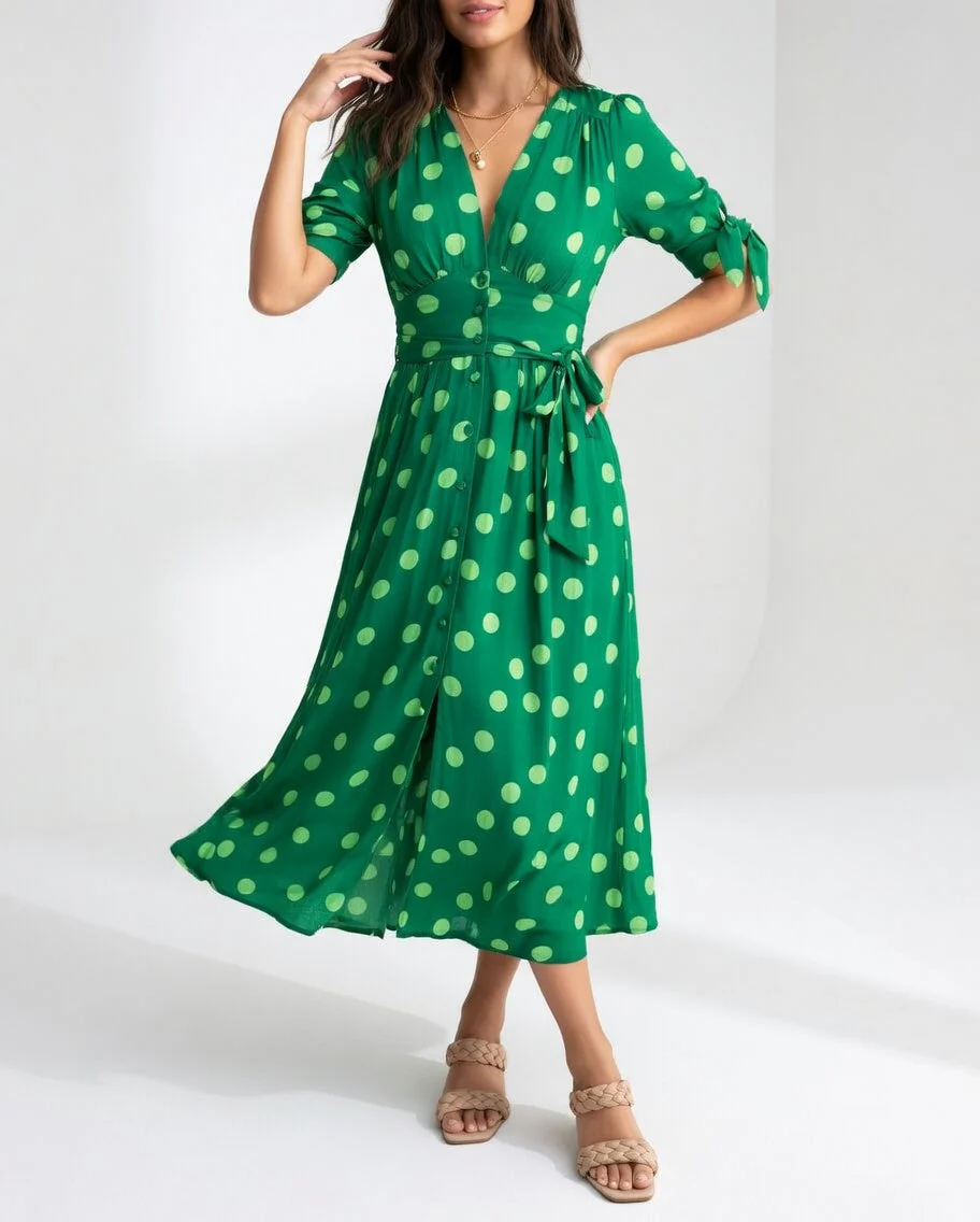 Robe Midi Élégante à Pois pour Femmes