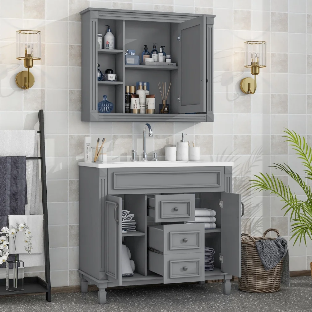 36'' Bathroom Vanity Set, Undermount Bathroom Cabinet and Mirror Cabinet, Ceramic Sink Top, Storage Cabinet with 2 Soft Closing Doors and 2 Drawers, Vanity Cabinet Set, Suit for 4'' Faucet, Gray
