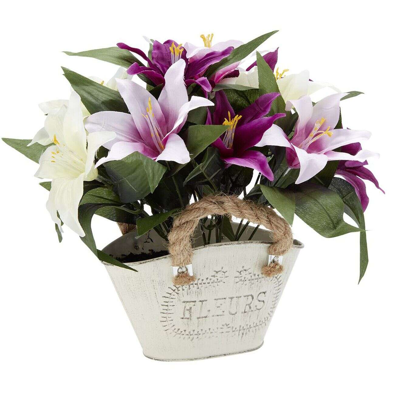 Jardinière métal fleur artificielle H24 cm violet