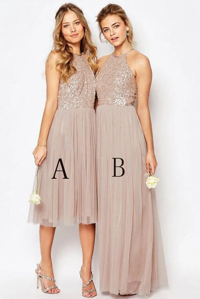 Gorgeous Sequins Top Halter Romantic A Line Short Long Bridesmaid Dresses DMD60