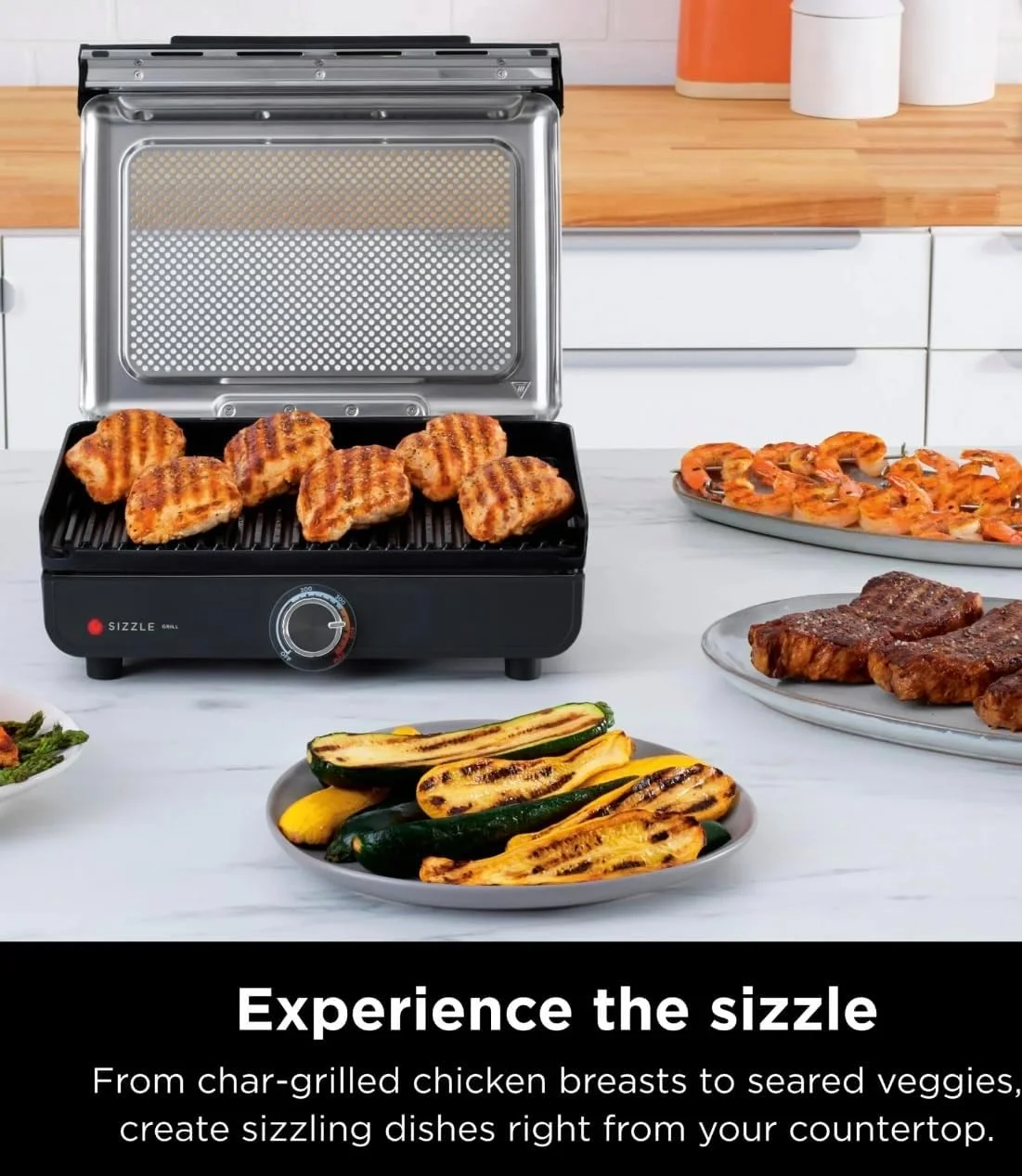 Ninja Sizzle Indoor Grill, 500F High Heat Kitchen Grill with Nonstick 14 in Plate, Low - Smoke Technology, Edge - to - Edge Heating, Family - Sized Capacity, Countertop Cooking Tool (GR100)