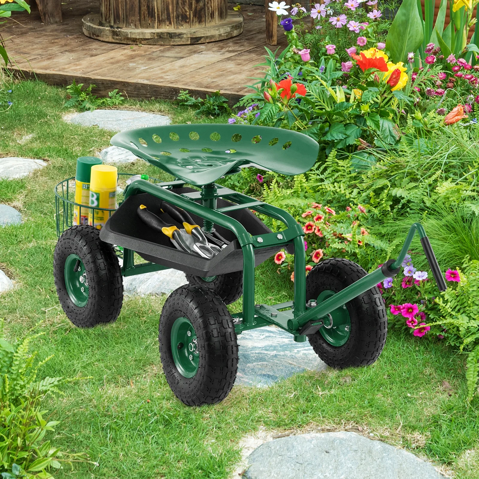 Garden Cart Rolling Work Seat for Planting with Extendable Handle Green(Green) - Image 6