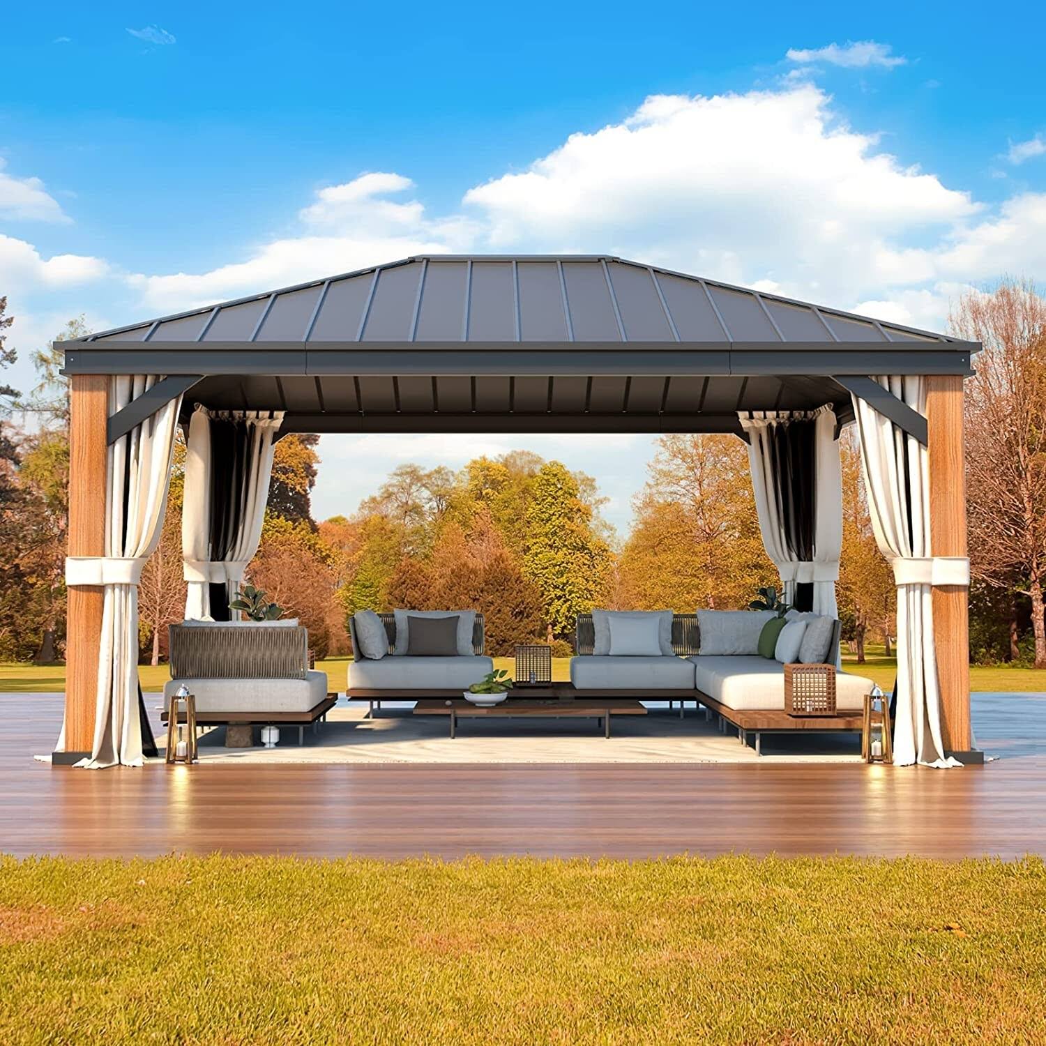 Outdoor Galvanized Steel Roof Gazebo Pergola W Wooden Coated Alumninum Frame, Privacy Curtains and Nettings Include - 12' x 16' - Single Roof
