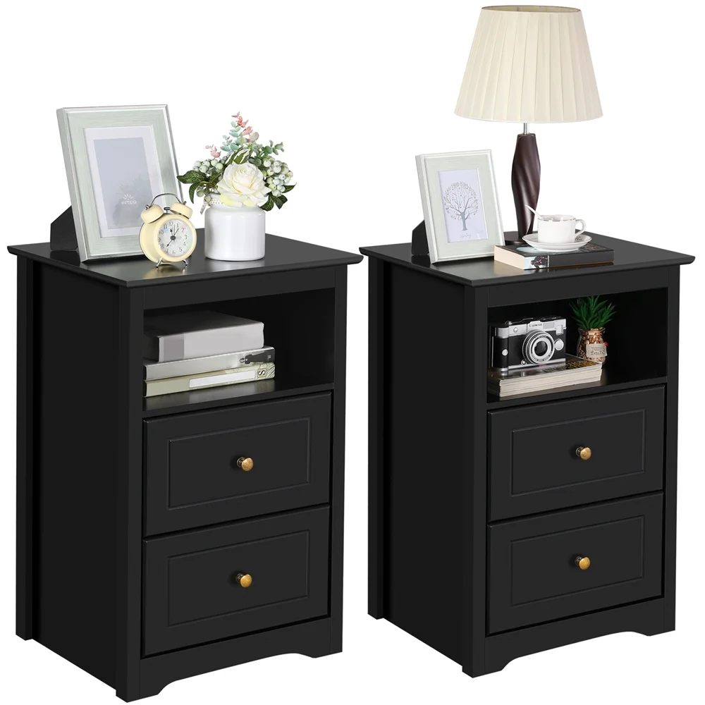Yaheetech Wooden Nightstand with Storage Drawers and Open Shelf, Set of 2, Black
