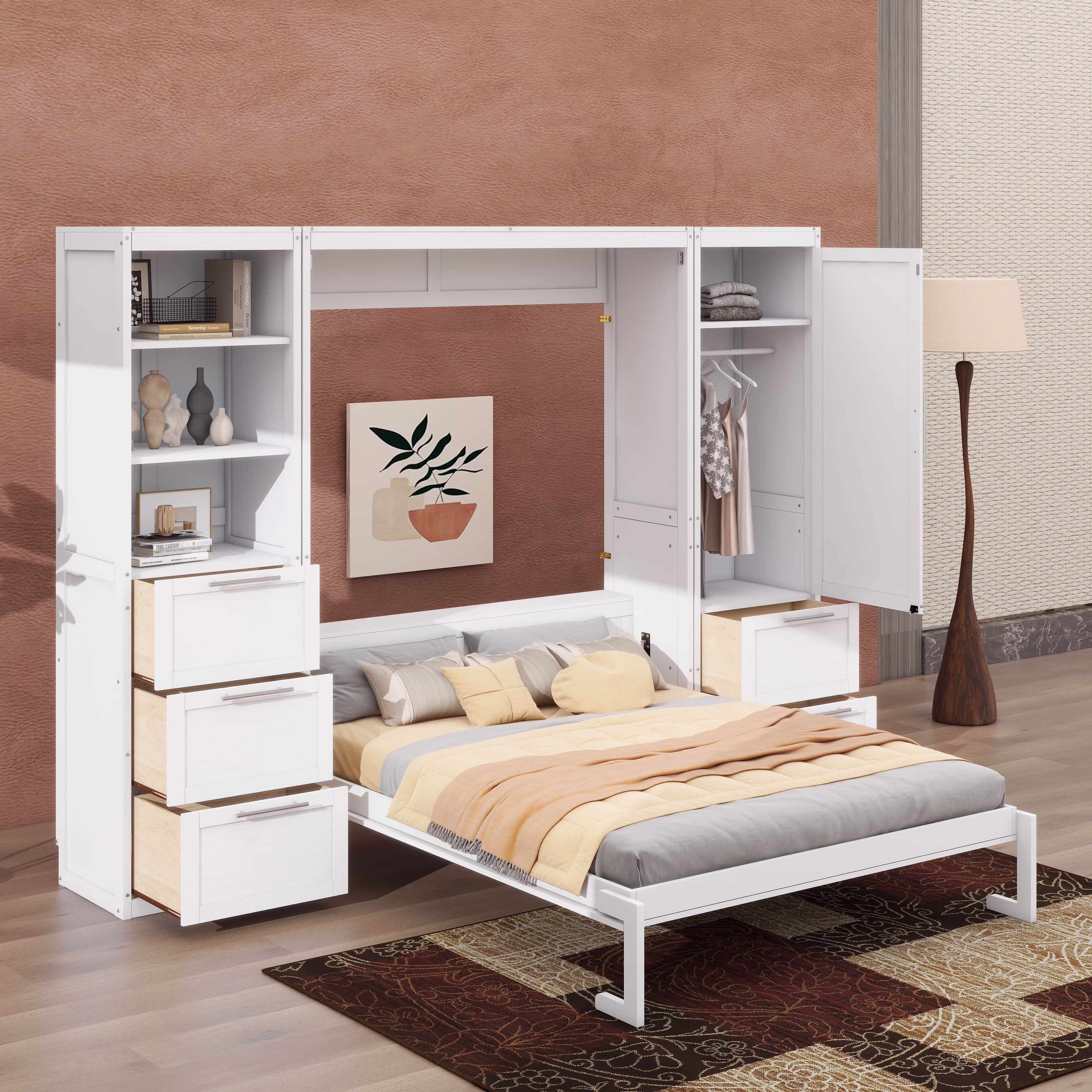 Queen Size Gray Murphy Bed Wall Bed with Closet,Drawers and Shelves(White)