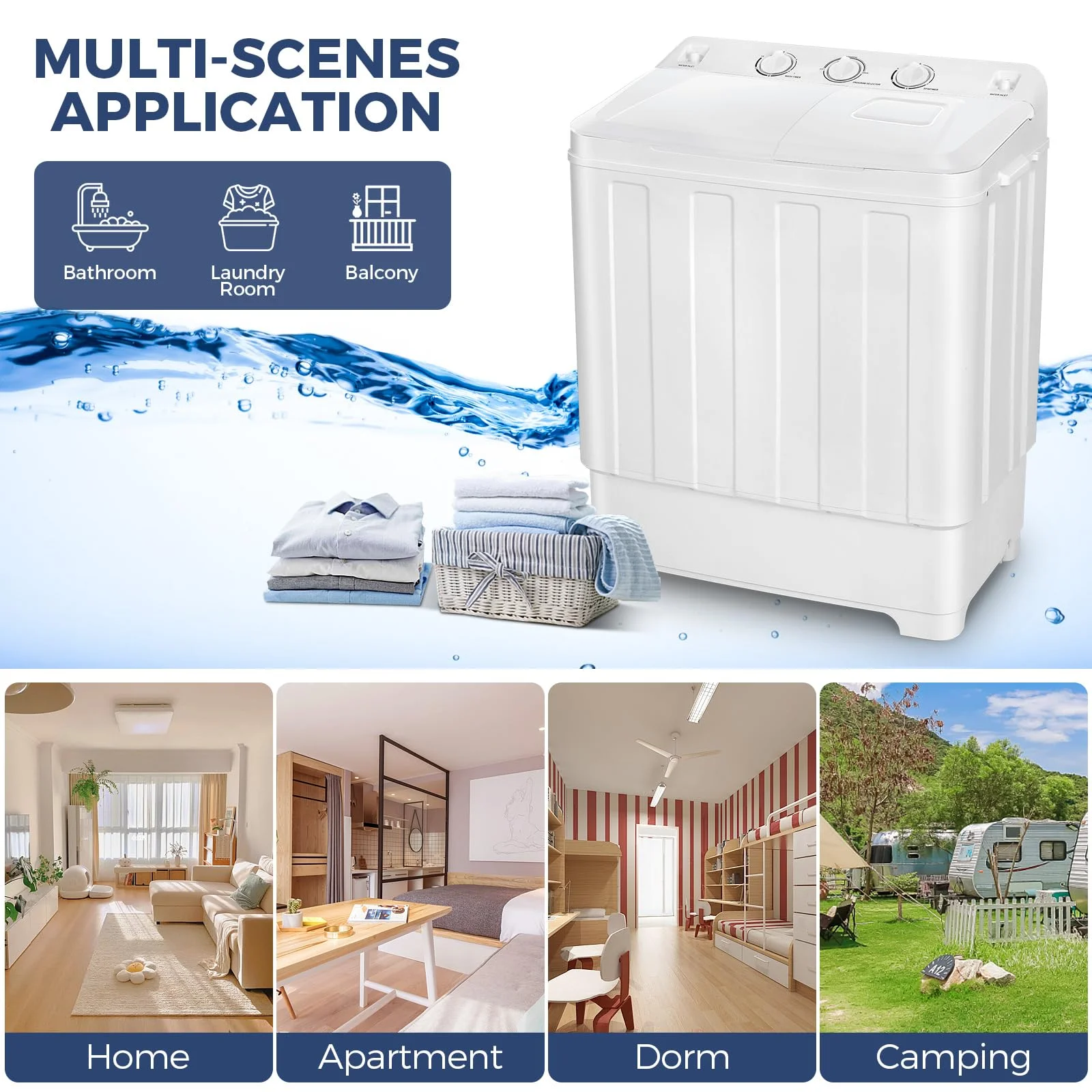Portable Washing Machine, 30LBS Twin Tub Mini Compact Laundry 19lbs Washer/11lbs Spinner with Drain Pump Time Control Washer Spinner Combo, White(30LBS White) Image 8