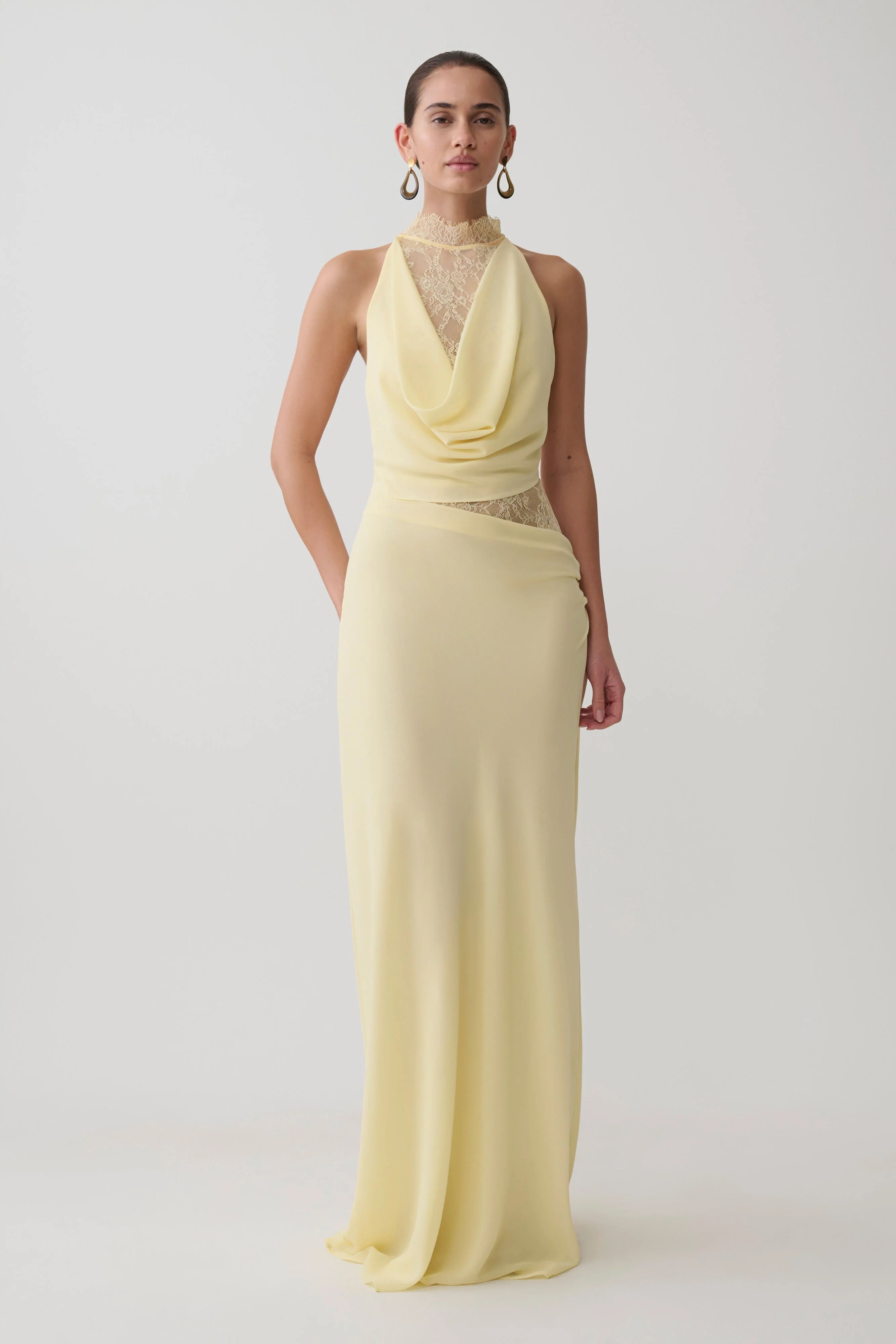 Arra Chiffon And Lace Halter Maxi Dress - Lemon