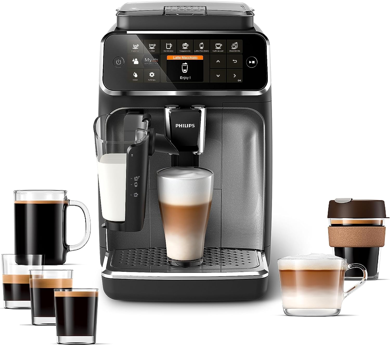Machine à expresso entièrement automatique PHILIPS série 4300 - Mousseur à lait LatteGo, 8 variétés de café, écran tactile intuitif, noir, (EP4347/94)