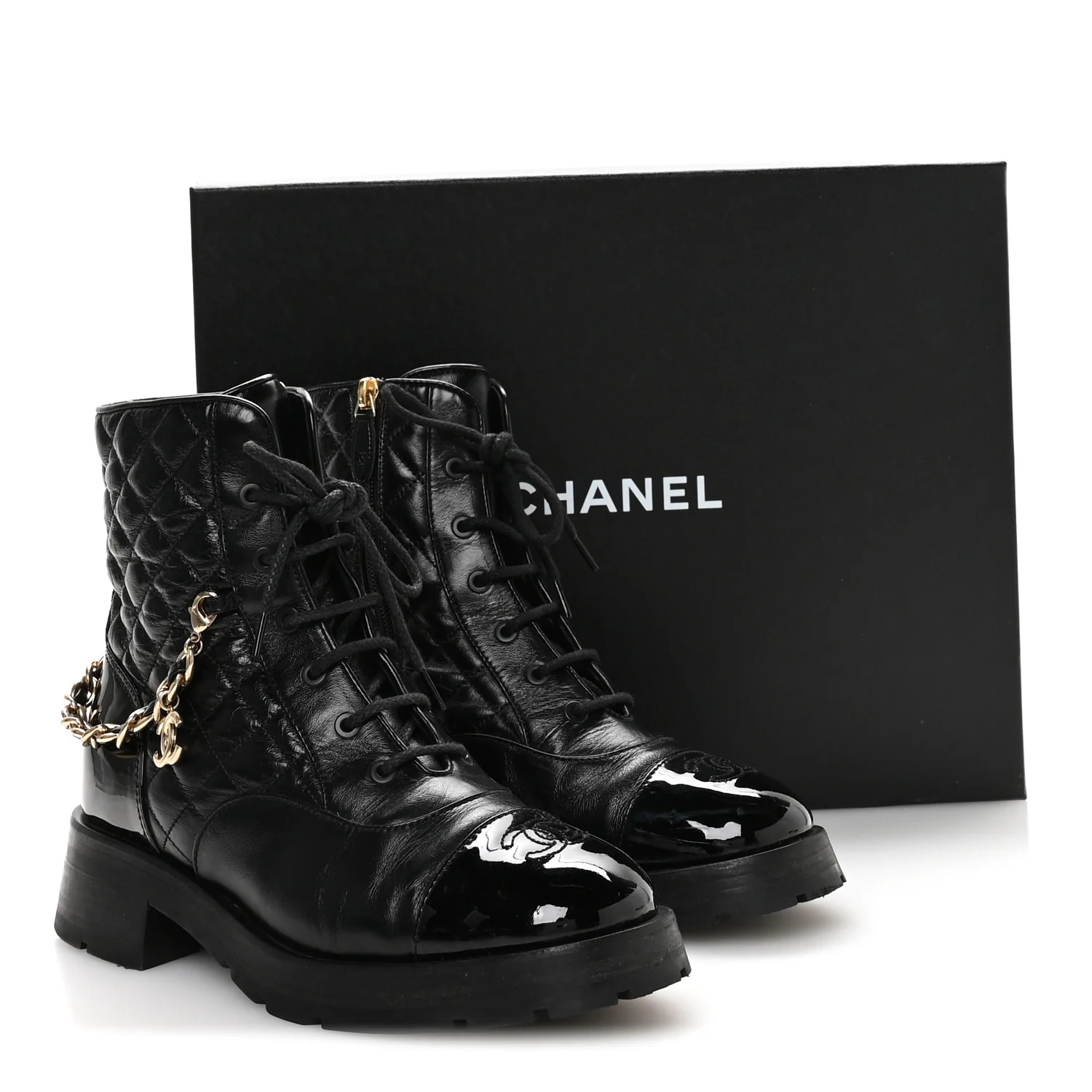 Shiny Calfskin Patent Quilted Chain Lace Up Combat Boots 40.5 Black