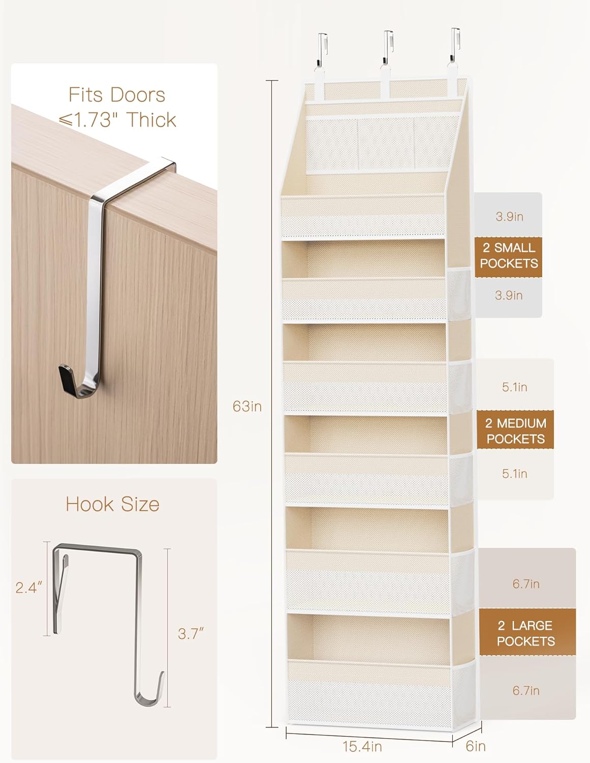 Criusia Over the Door Organizer, 6-Shelf Closet Hanging Storage with 13 Mesh Pockets, 55lbs Capacity Behind-the-Door Storage for Baby Nursery, Bathroom, Bedroom, and Dorm, Beige