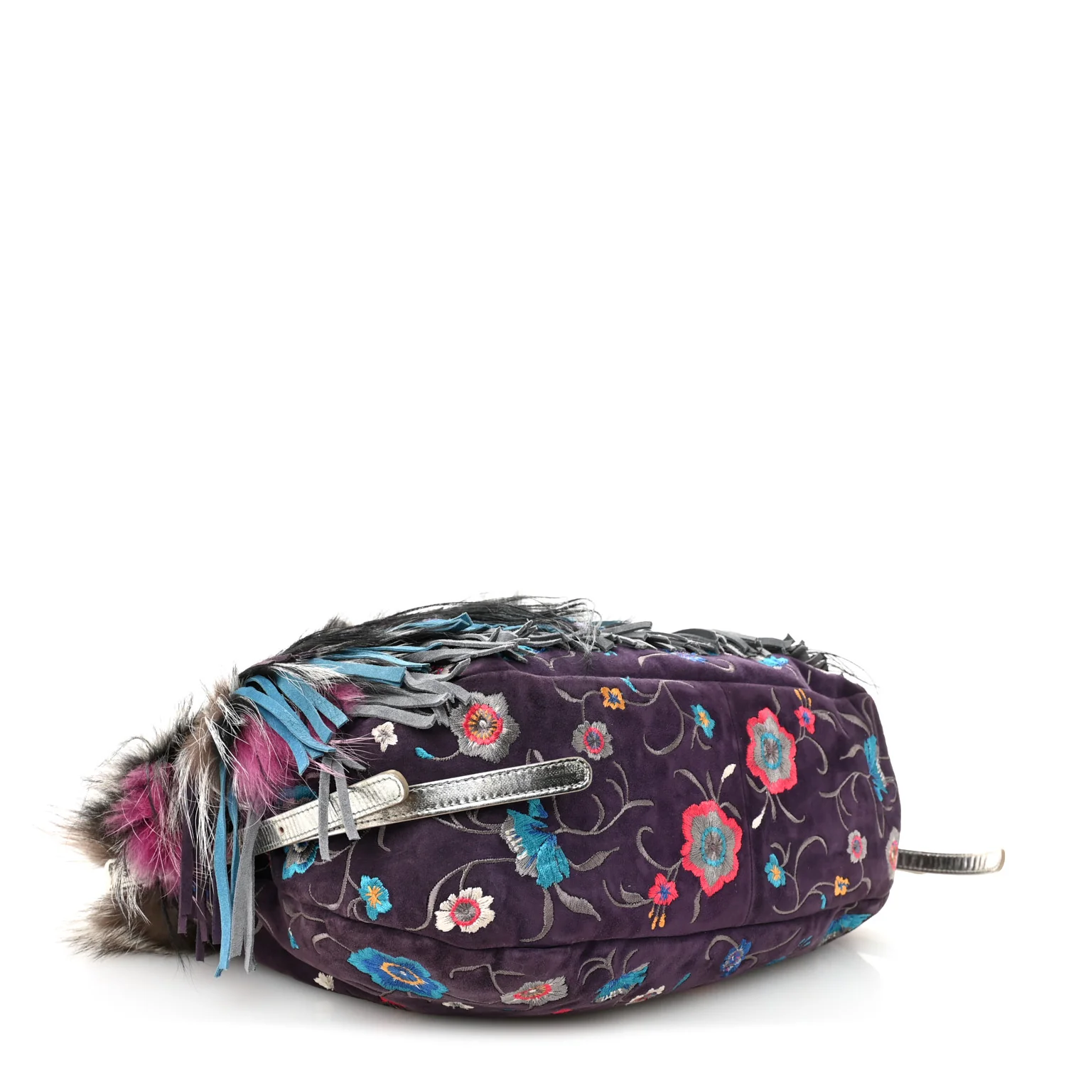 Fox Fur Suede Floral Embroidered Biker Shoulder Bag