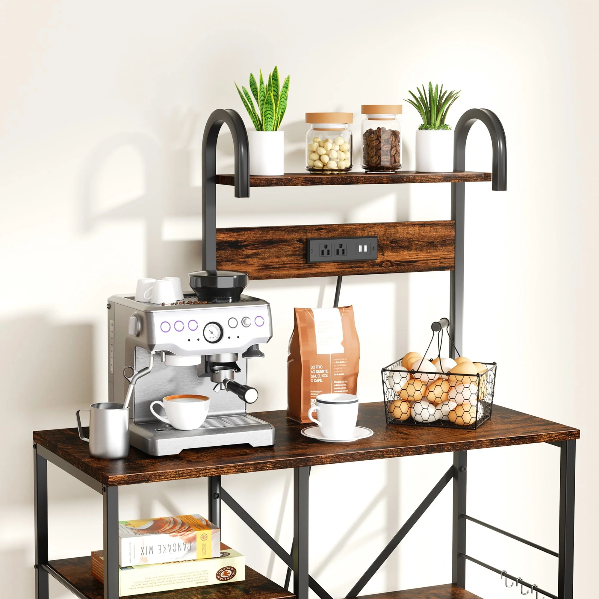 Walsunny Kitchen Bakers Rack with Power Outlet,Industrial Kitchen Island Storage Shelf with 6 Hooks 6 Tier Rack(no power Outlet/Gray)