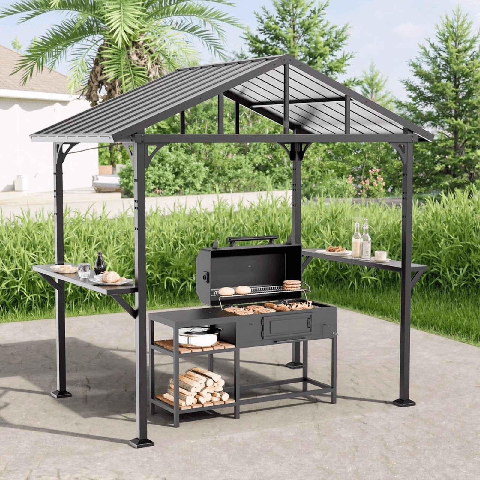 ALAULM 10' X 10' Outdoor Hardtop Grill Gazebo, Steel BBQ Gazebo with Multi-Tier Shelves Permanent & Independent Countertop for Patio Backyard Lawn Garden (Dark)