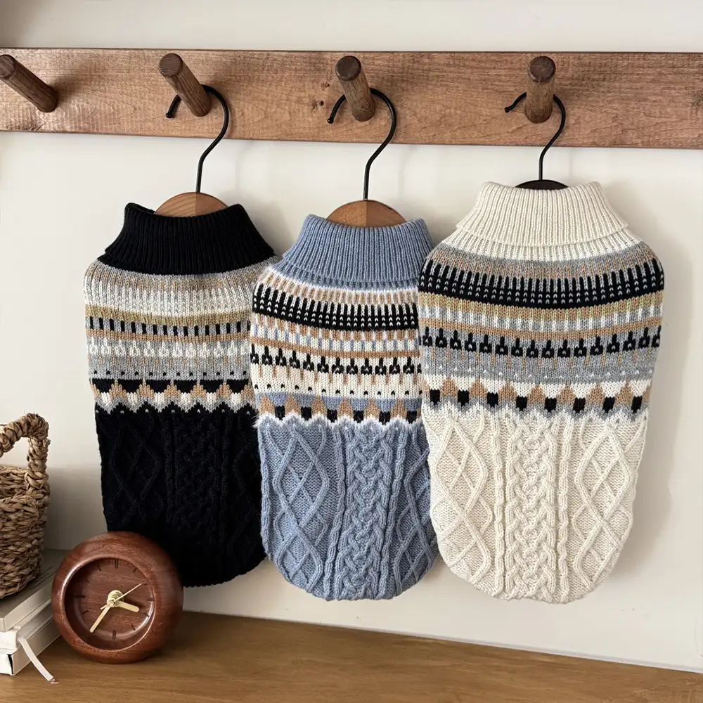 Fair Isle Pattern Knitted Linen Dog Sweater with Classic Collar