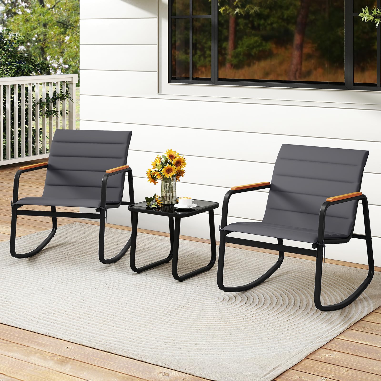 Tangkula 3 Piece Outdoor Rocking Bistro Set Metal Frame & Soft Cushions