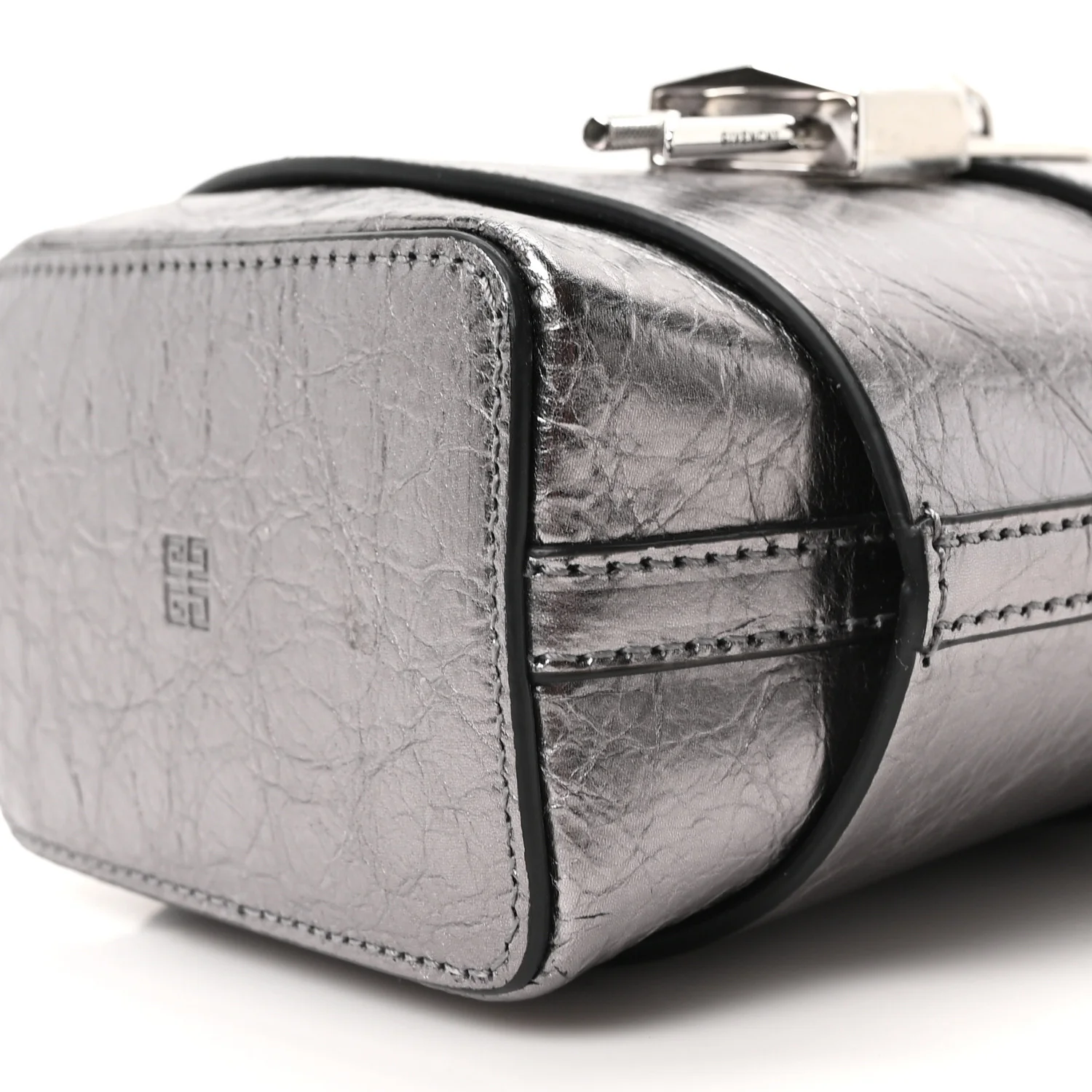 Laminated Lambskin Micro Shark Lock Bucket Bag Silvery Grey