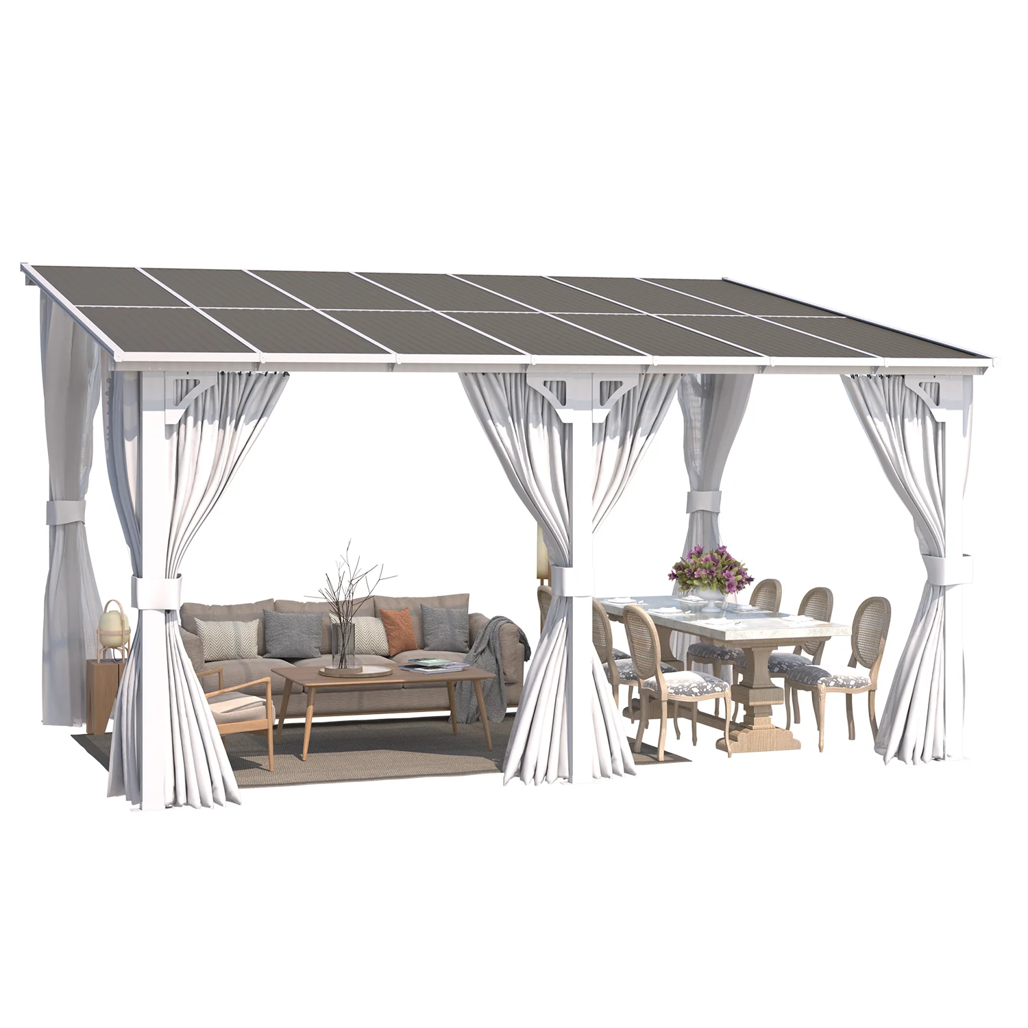 AECOJOY 14'x10' Wall Gazebo with Curtains and Mosquito Netting, White