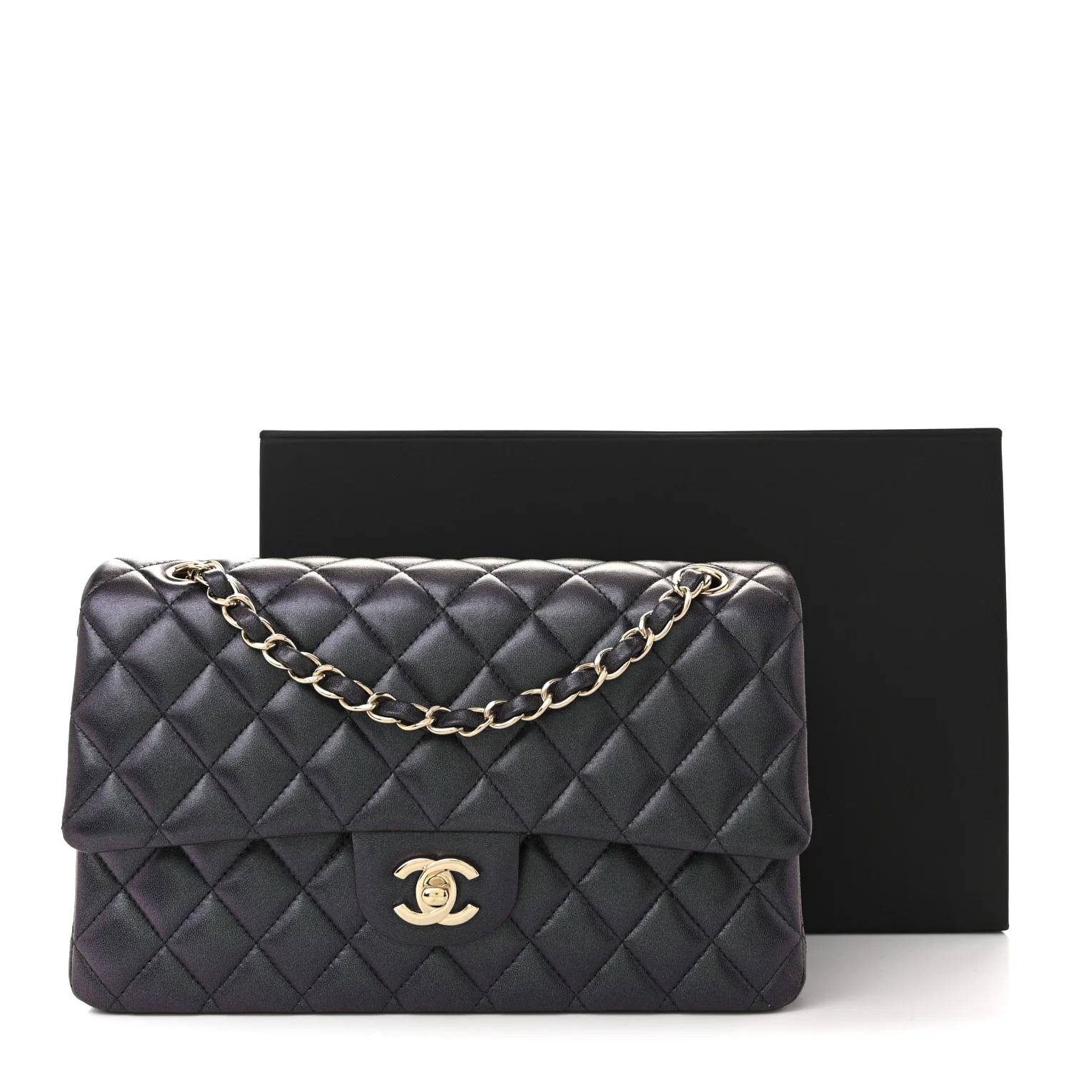 Iridescent Lambskin Quilted Medium Double Flap Black
