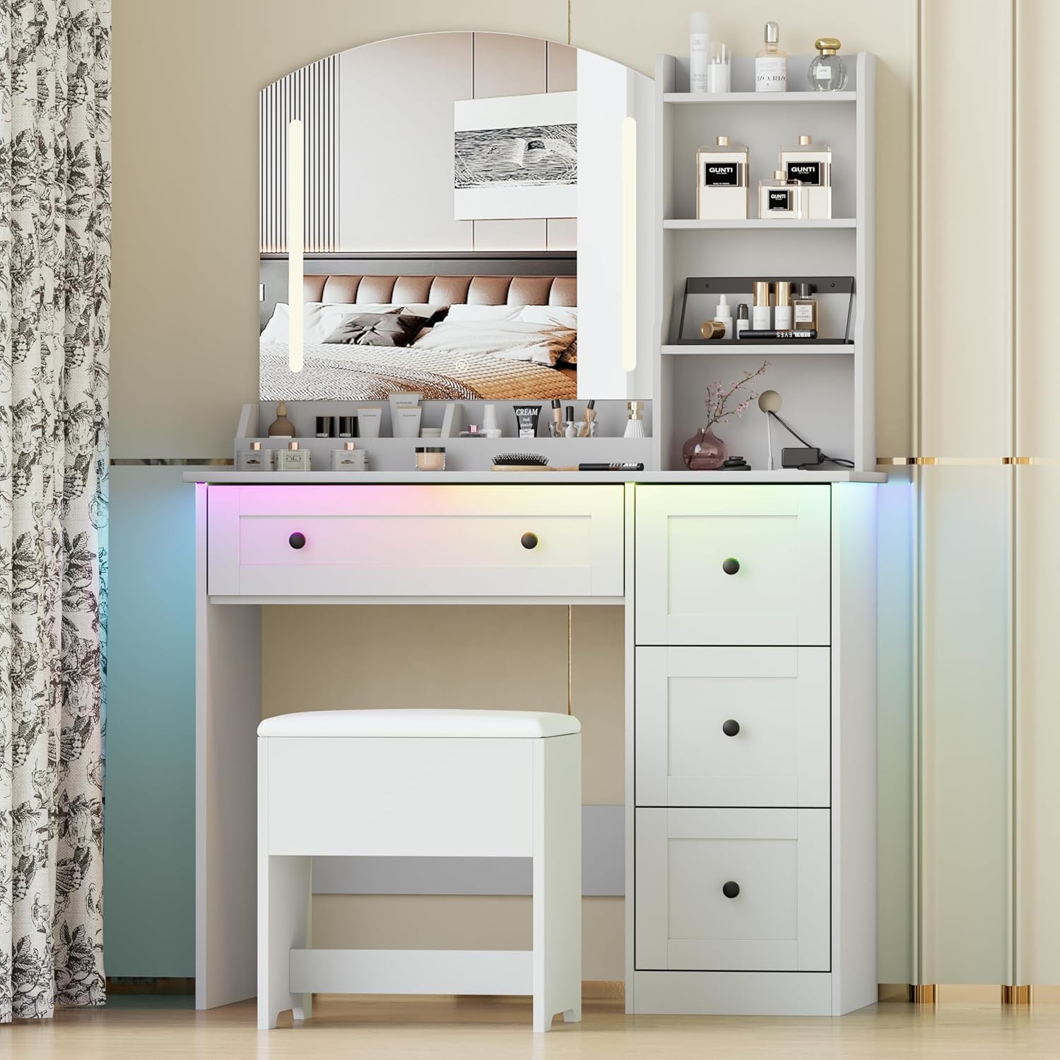 Vanity Desk with Mirror and Lights & Power Outlet, Makeup Vanity Set with Chair & RGB Ambient Light, Girls Vanity Dressing Table with 3 Lighting Modes & Adjustable Brightness for Bedroom, White