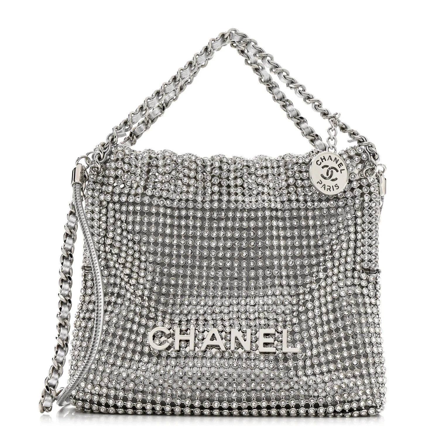 Crystal Embellished Metallic Lambskin Mini Chanel 22 Silver