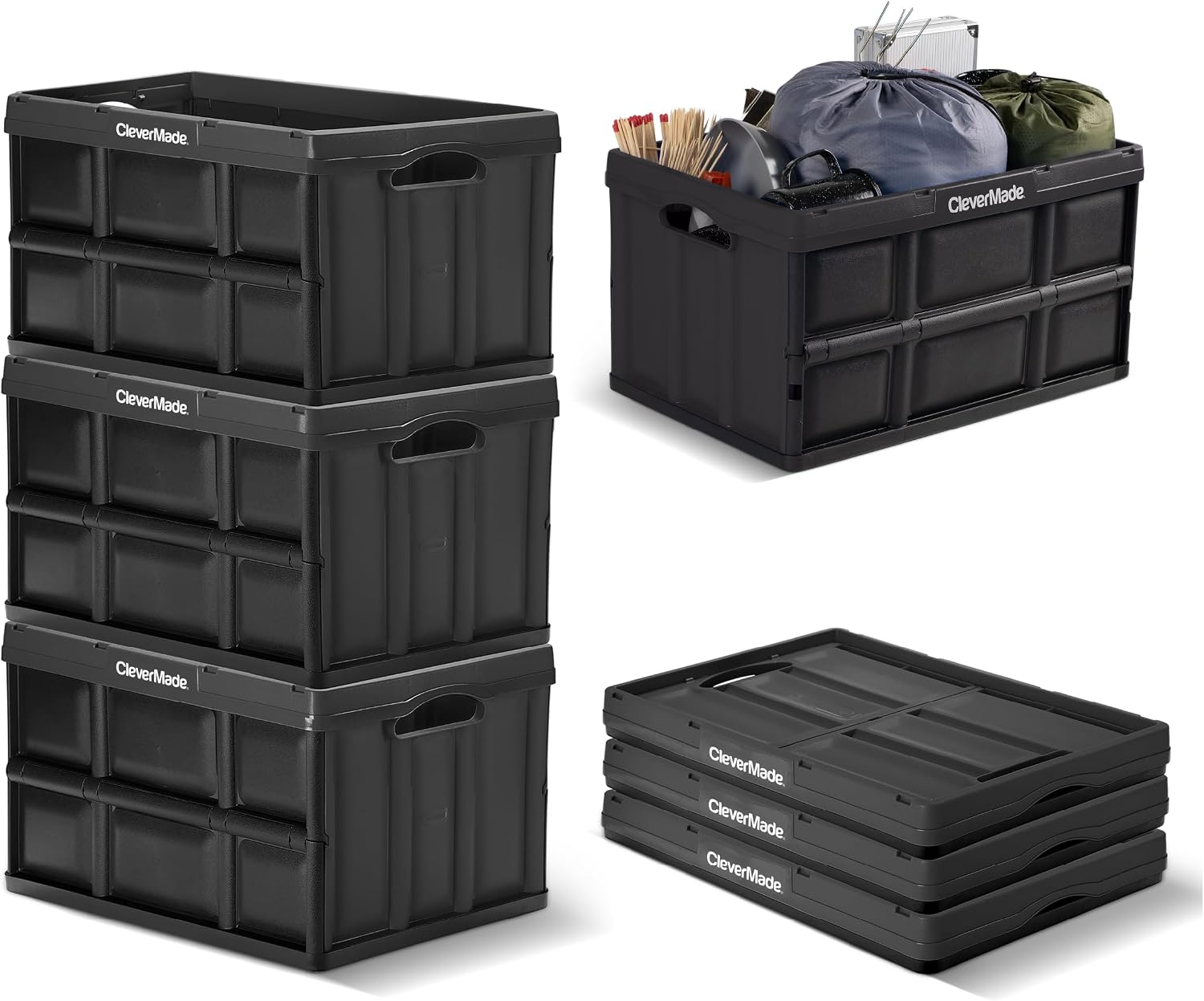 CleverMade Collapsible Storage Bin, No Lid, 16 Gallon, Obsidian, 3 Pack