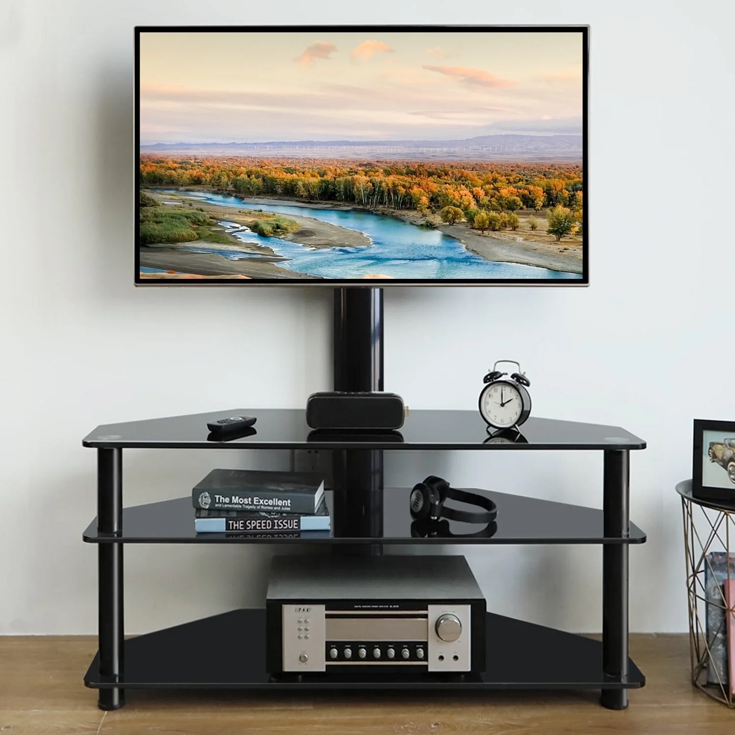 Modern 3 in 1 TV Stand with Mount for Flat Screens up to 65 inch, Black Glass Corner TV Stand for Bedroom(up to 70") - Image 6
