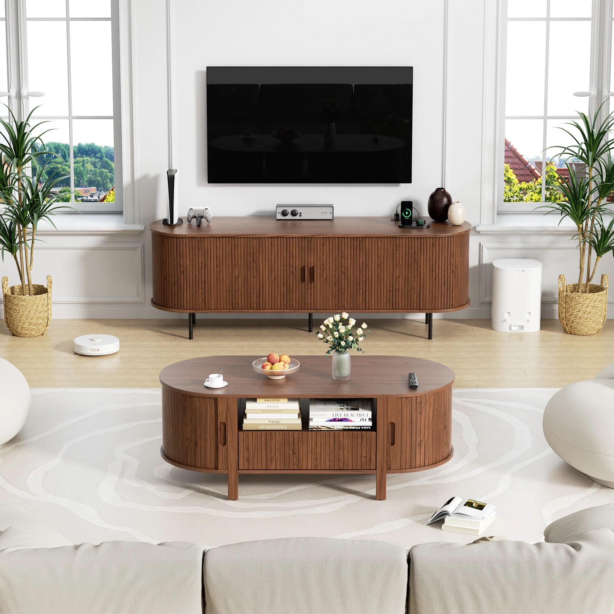 Coffee Table with Storage, Tambour Sliding Door, Open Shelf, Mid Century Modern Center Table with Drawer for Living Room, Walnut(Walnut) - Image 10