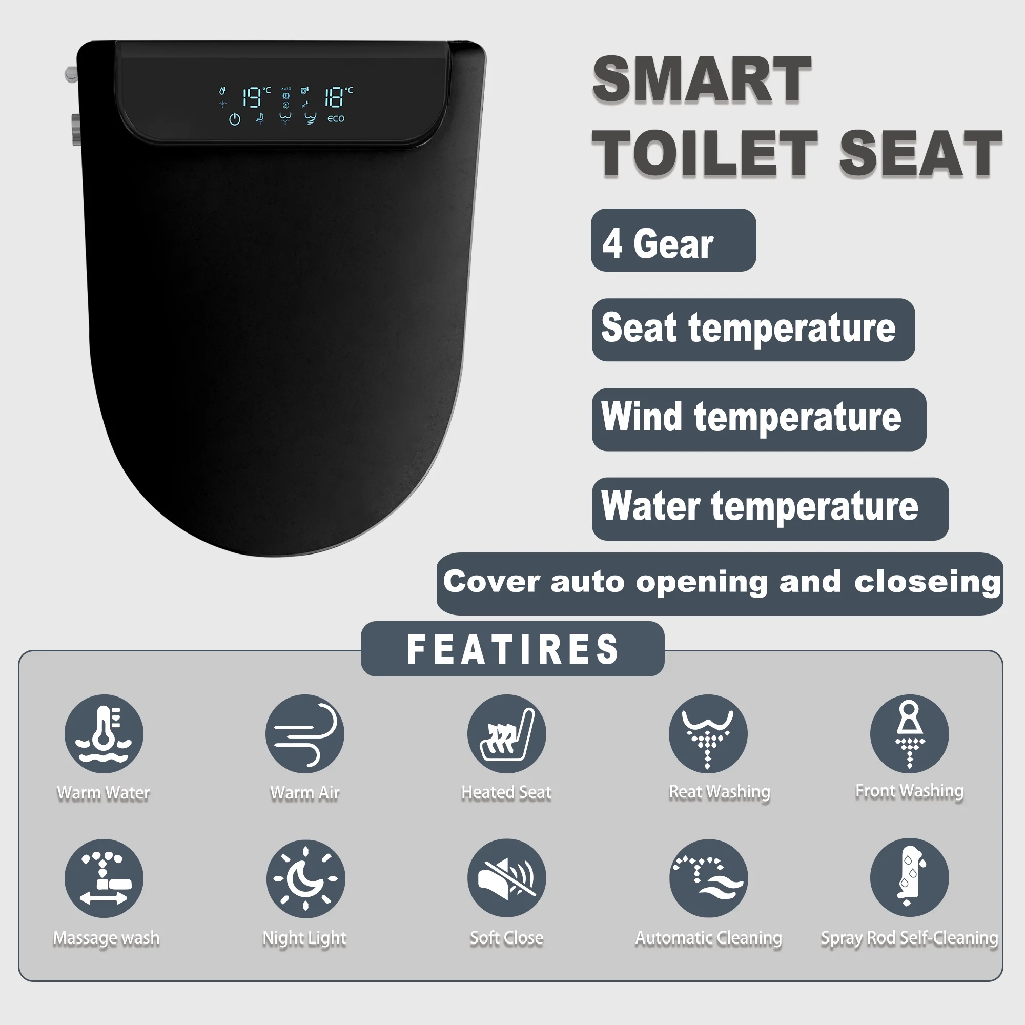 Electric Bidet Heated Smart Toilet Seat With Unlimited Heated Water,Toilet Seat Warmer, And Warm Air Dryer-Adjustable And Self-Cleaning, Automatic Open, BIG LED Screen - Image 4