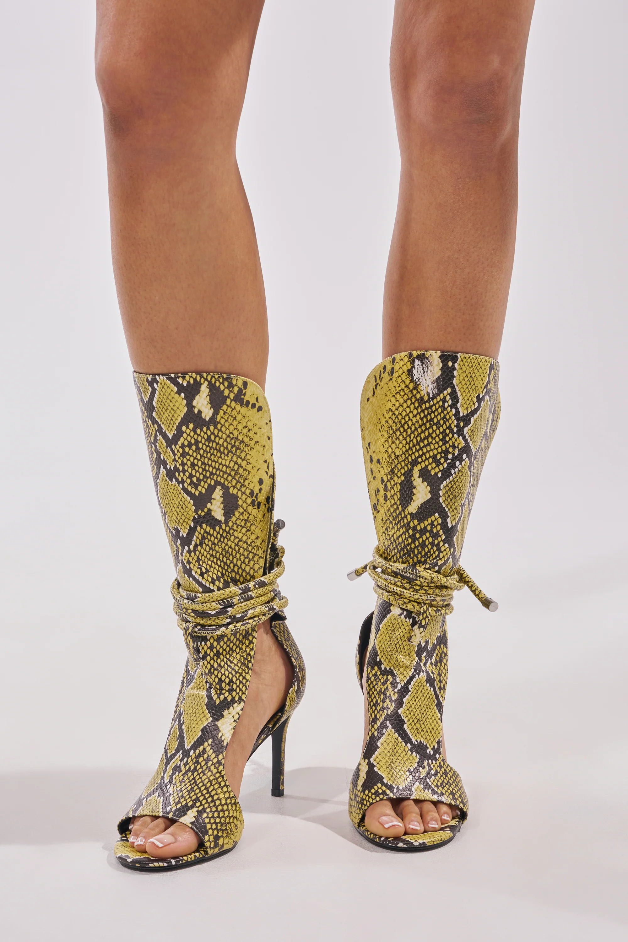 AZALEA WANG BOCKER YELLOW SNAKE STILETTO LACE UP TALL SHAFT SANDAL - Akira Store