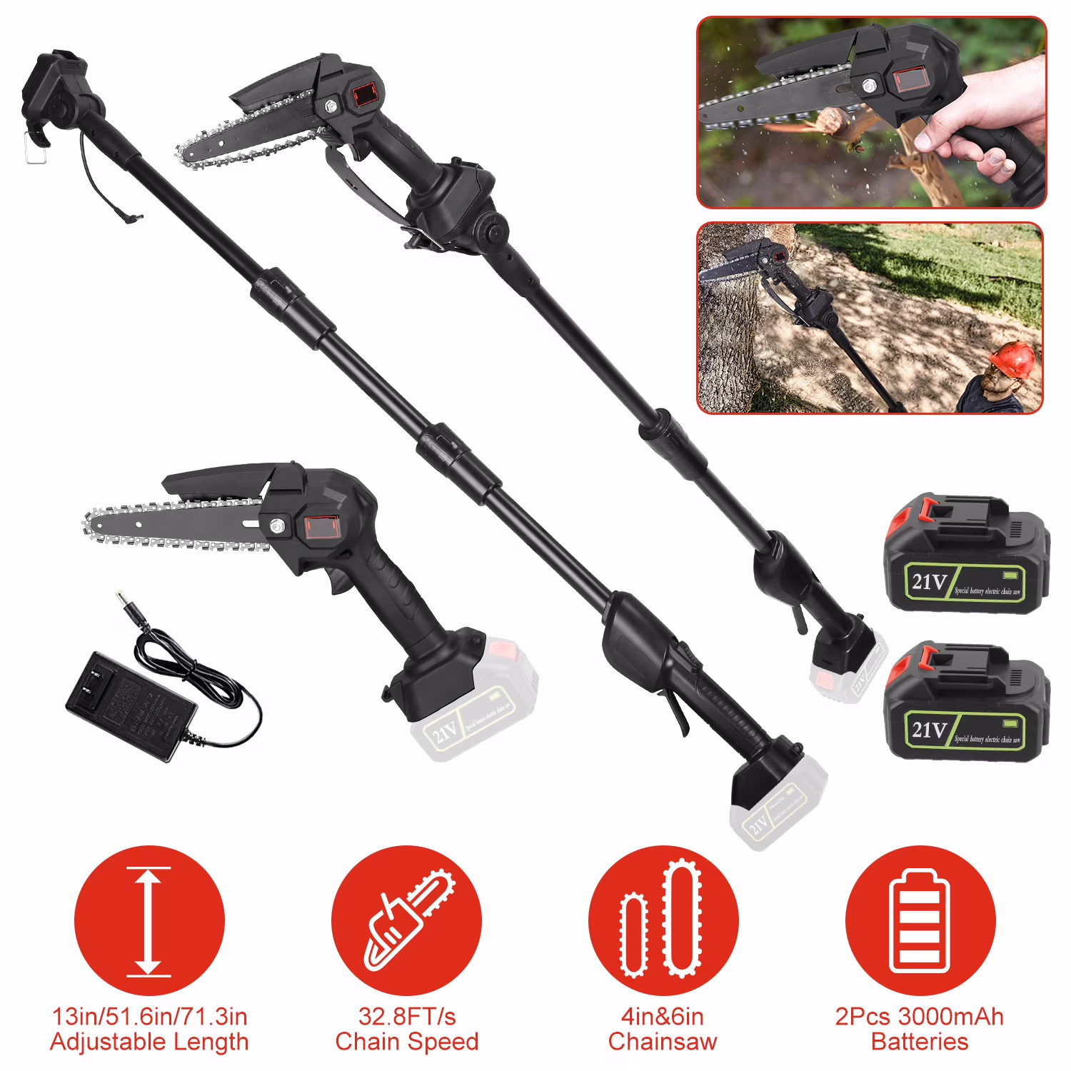 2 in 1 Cordless Pole Saw Electric Mini Chainsaw Length Adjustable Chain Saw with 2Pcs 3000mAh Batteries 4in/6in Chains for Tree Trimming, Black