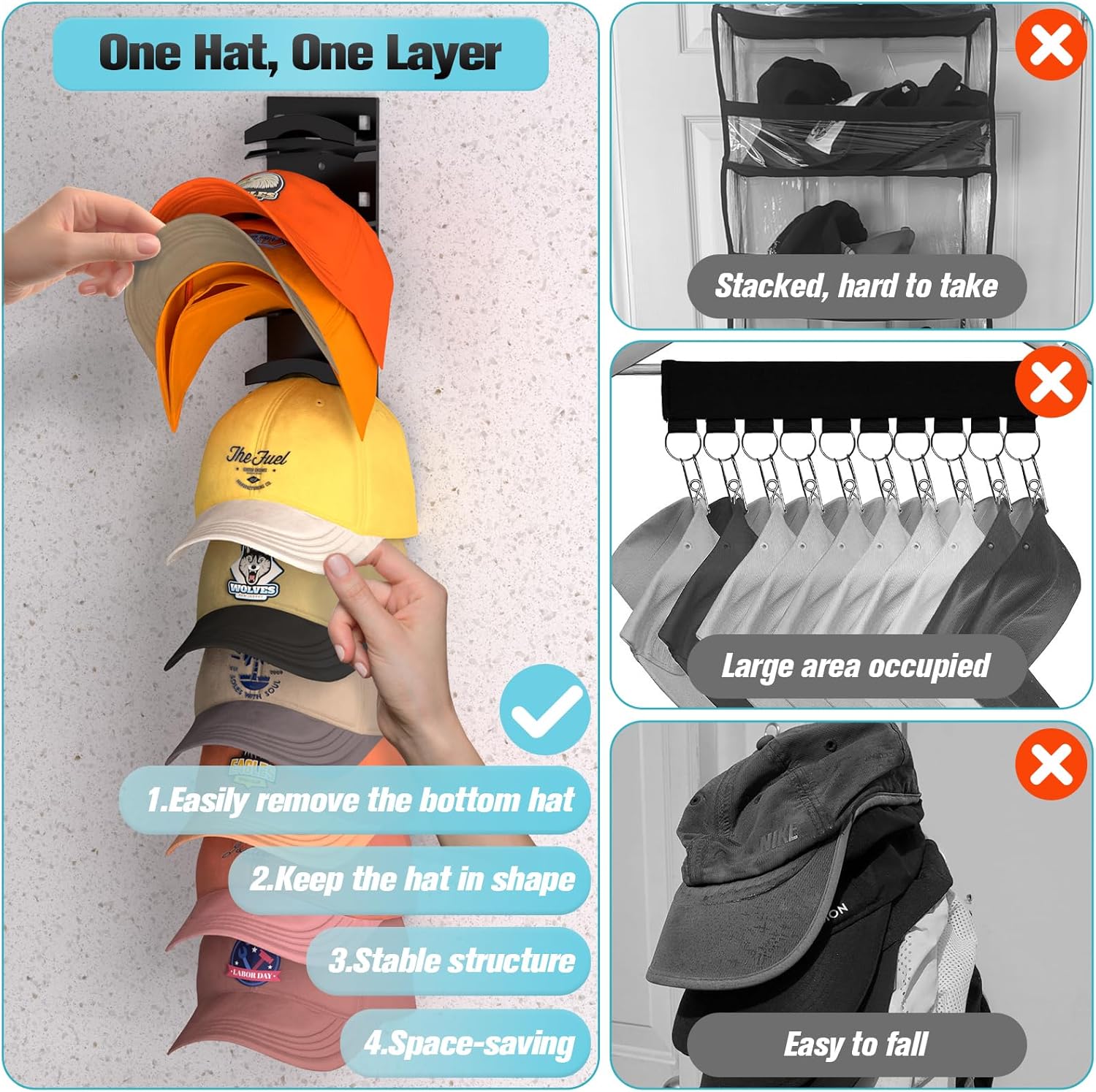 Hat Organizer for Baseball Caps 2-Pack, Hat Rack for Wall with Strong Adhesive Holds up to 20 Hats, Hat Hanger Holder Display for Door Closet, Cap Organizer Storage Multilayer Two Mounting Options (Black)