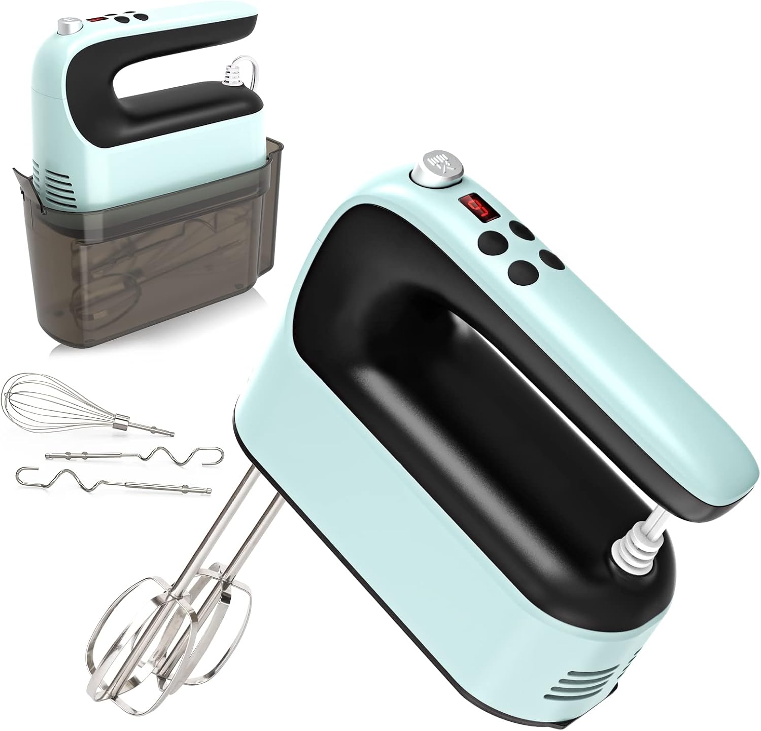 Yomelo 9-Speed Digital Hand Mixer Electric, 400W Powerful DC Motor, Handheld Electric Mixer with Snap-On Storage Case, 5 Stainless Steel Accessories, Beaters, Dough Hooks, Whisk (Ice Blue/Black)